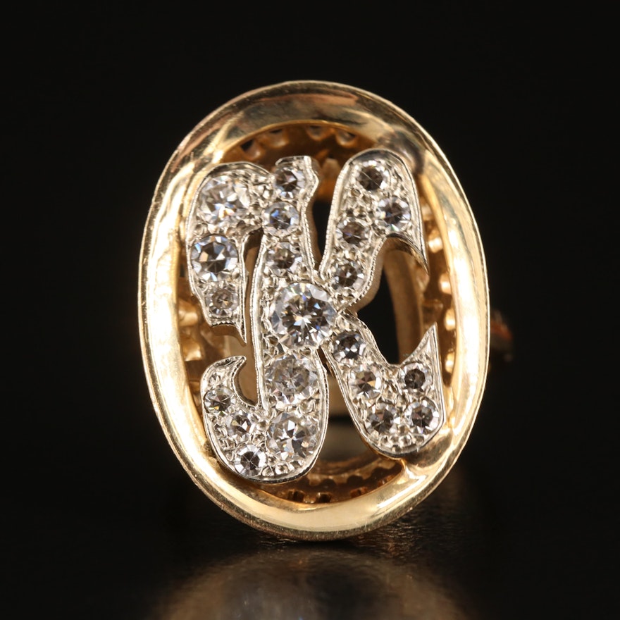Vintage 14K 0.71 CTW Diamond "K" Monogram Ring