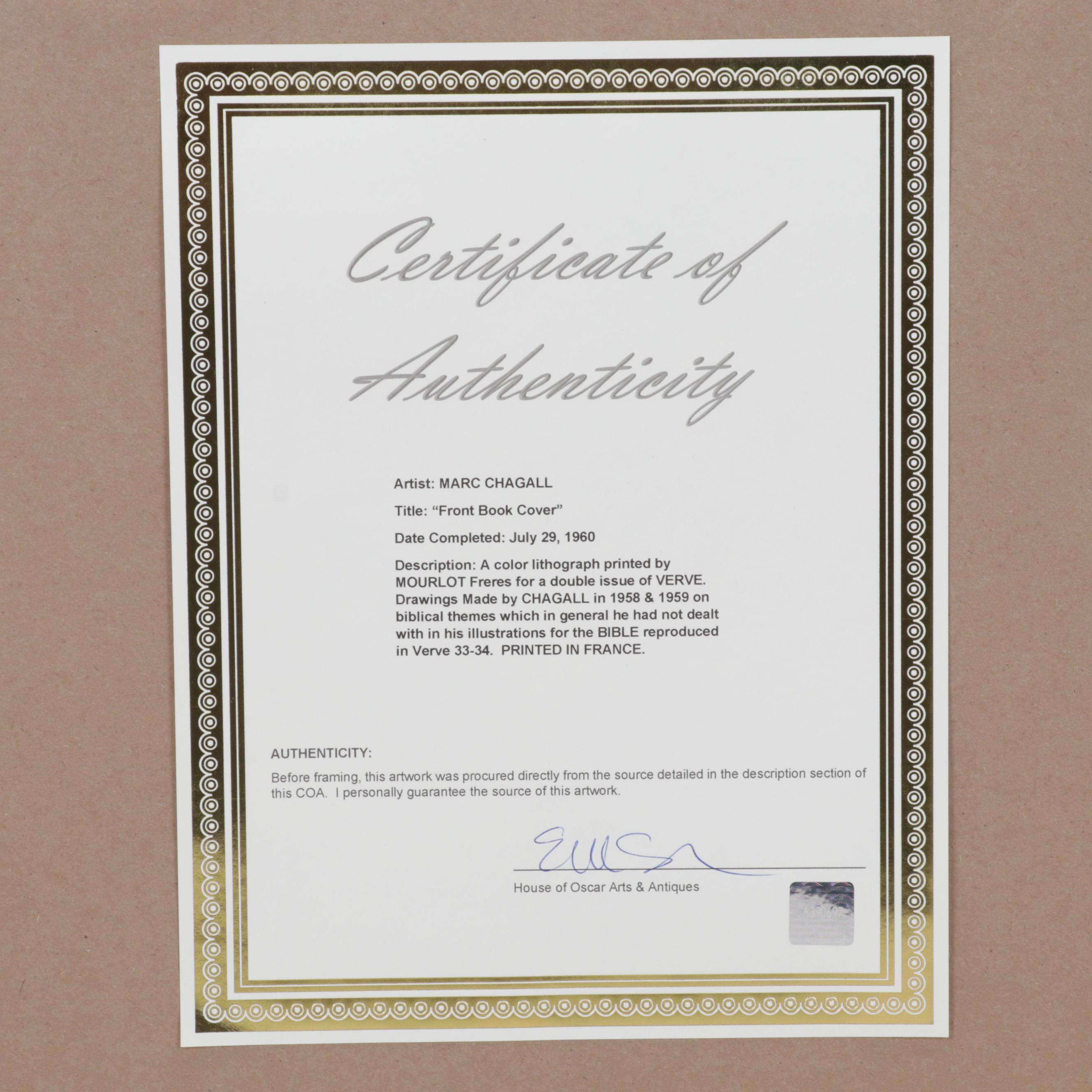 Marc Chagall Color Lithograph Cover "Drawings for the Bible" From "Verve," 1960