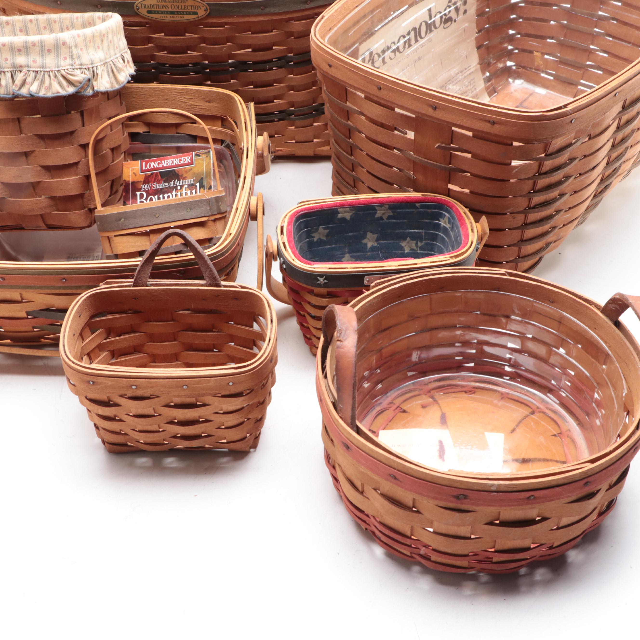 Longaberger 1997 Signed Bountiful Harvest Basket with Other Handwoven Baskets