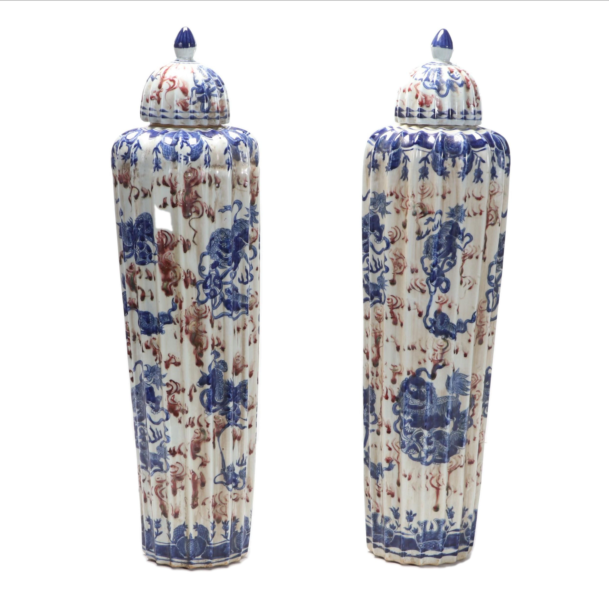 Pair of Chinese Kangxi Style Blue and White Porcelain Guardian Lion Ribbed Jars