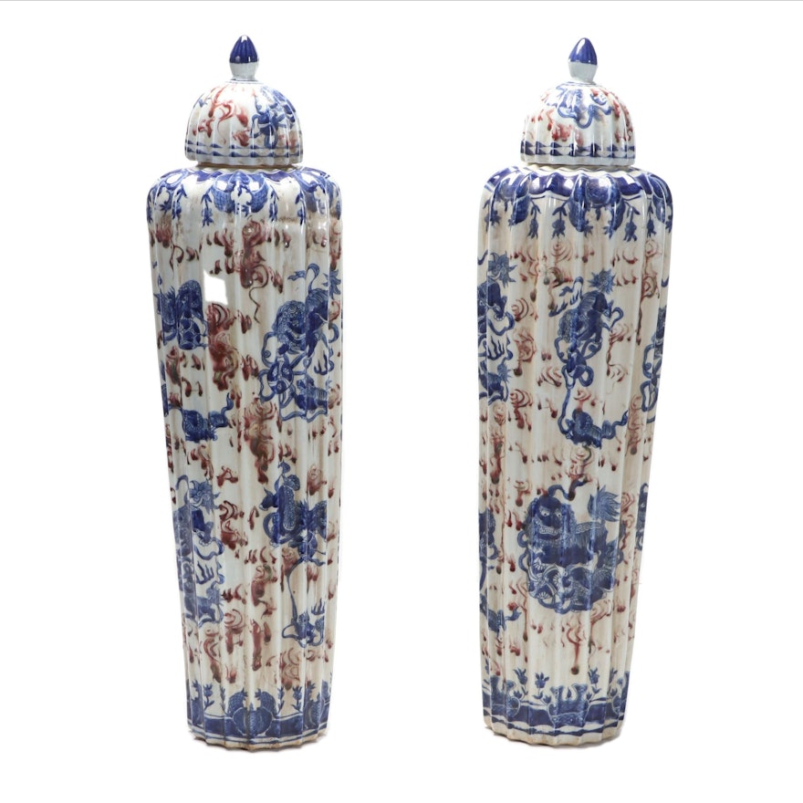 Pair of Chinese Kangxi Style Blue and White Porcelain Guardian Lion Ribbed Jars