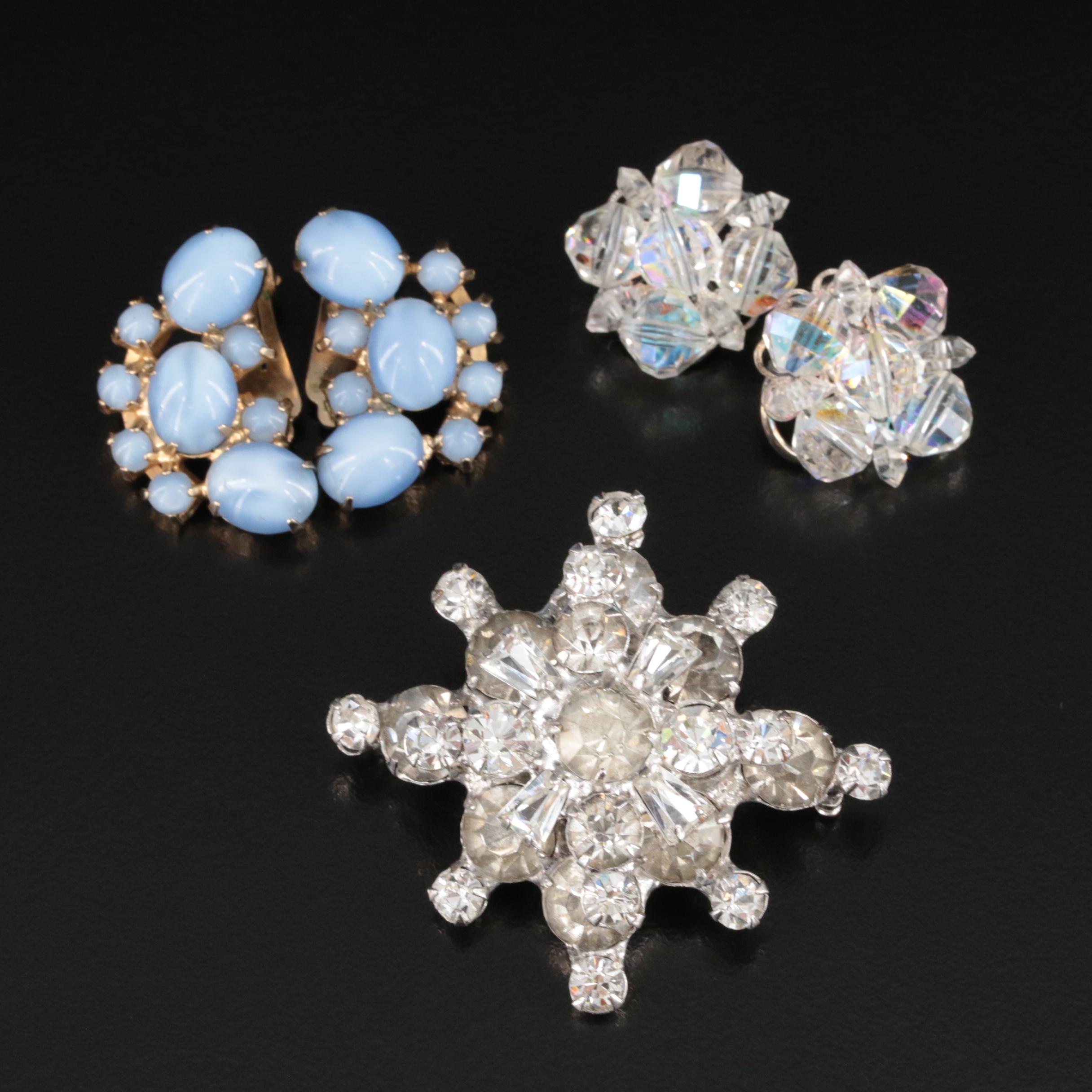 Vintage Brooch and Earrings Featuring Rhinestones