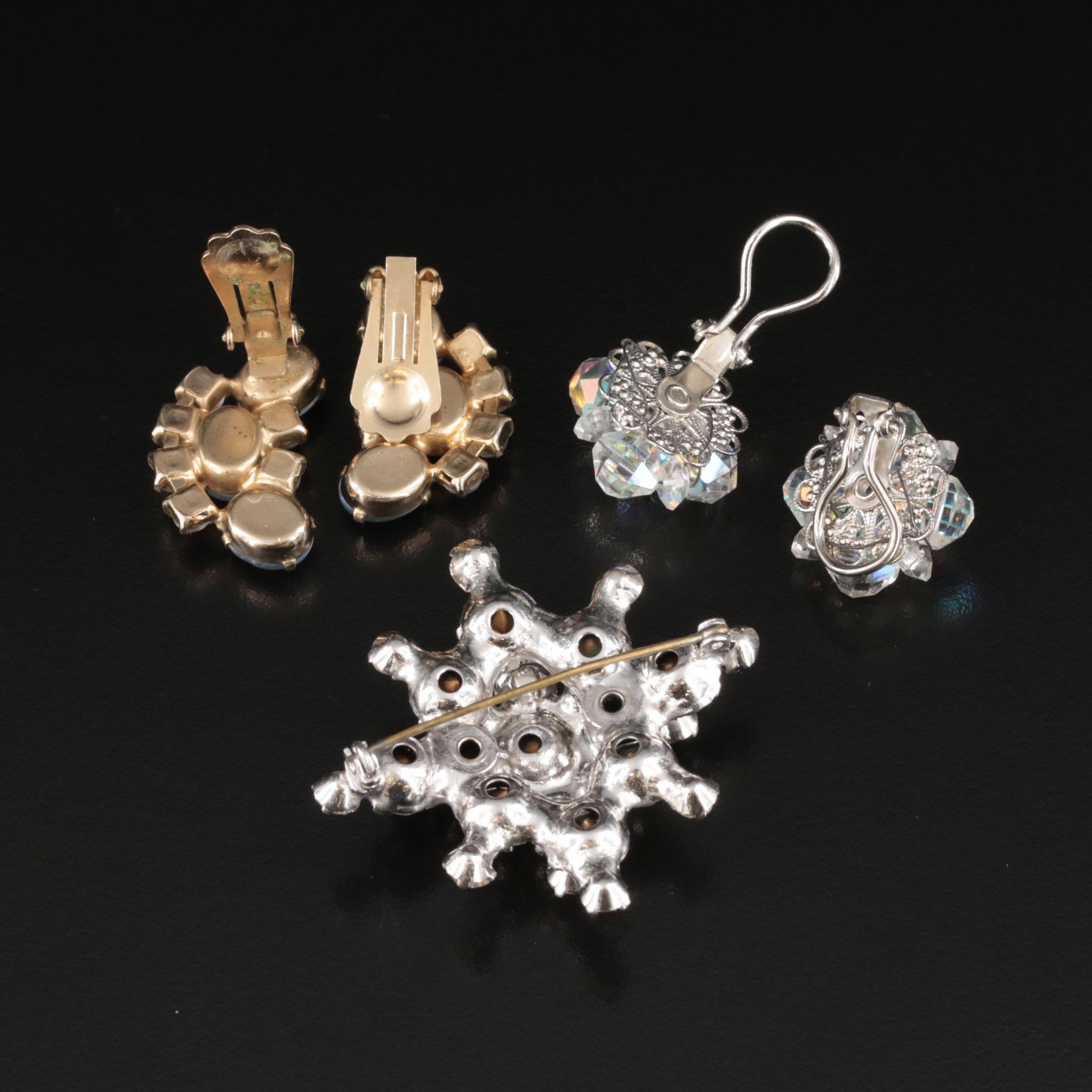 Vintage Brooch and Earrings Featuring Rhinestones
