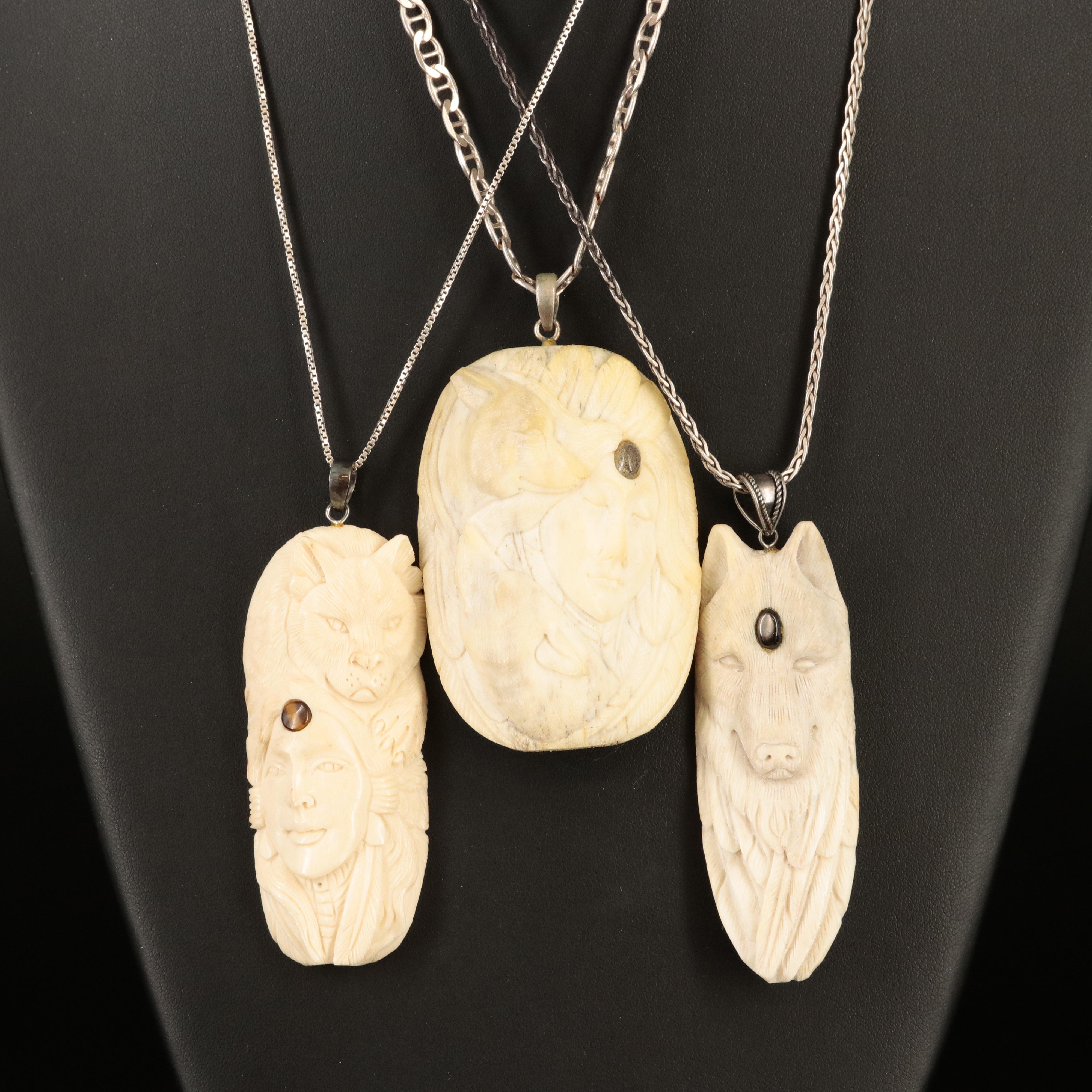 Sterling Carved Bone Totem Necklaces with Tiger's Eye and Labradorite Accents