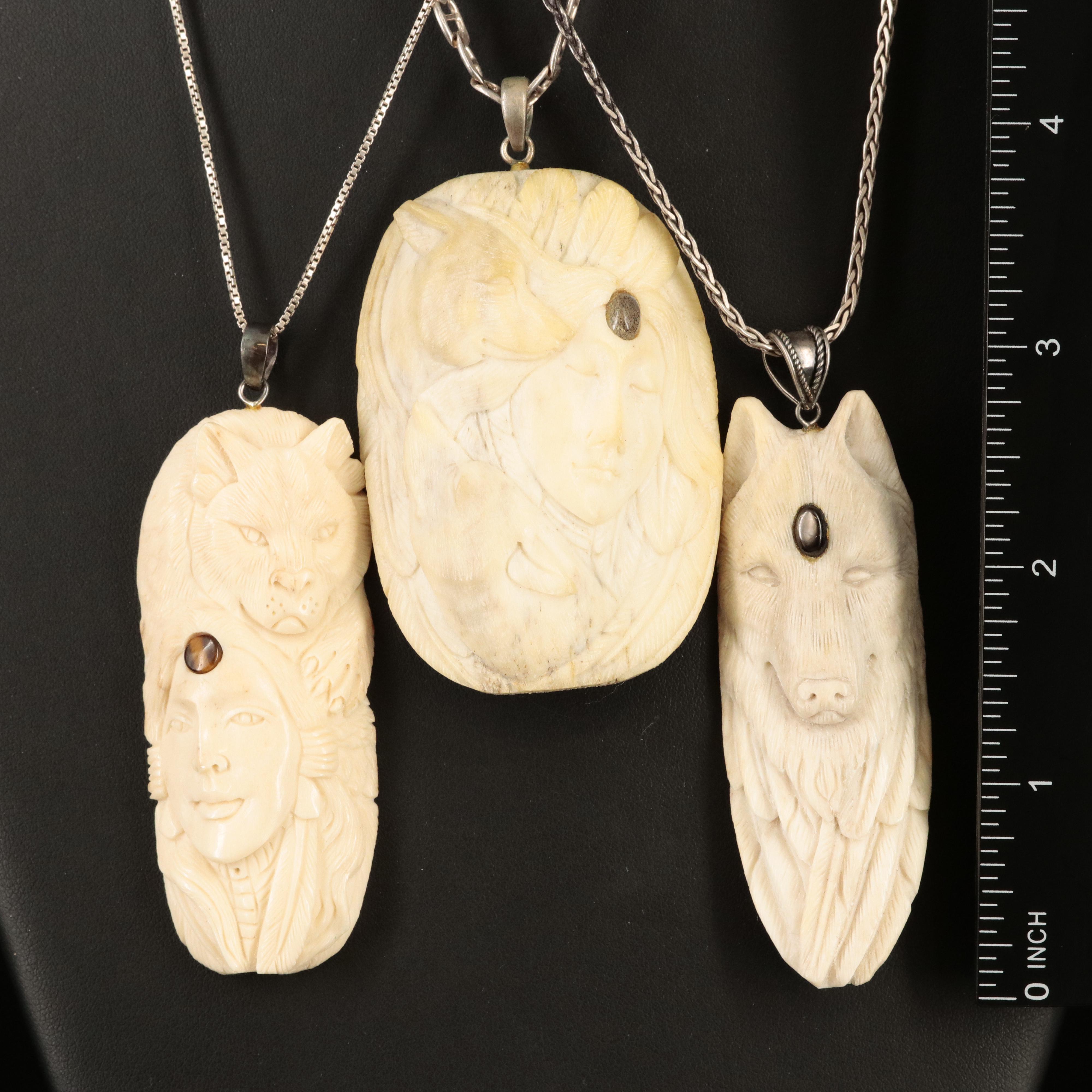 Sterling Carved Bone Totem Necklaces with Tiger's Eye and Labradorite Accents