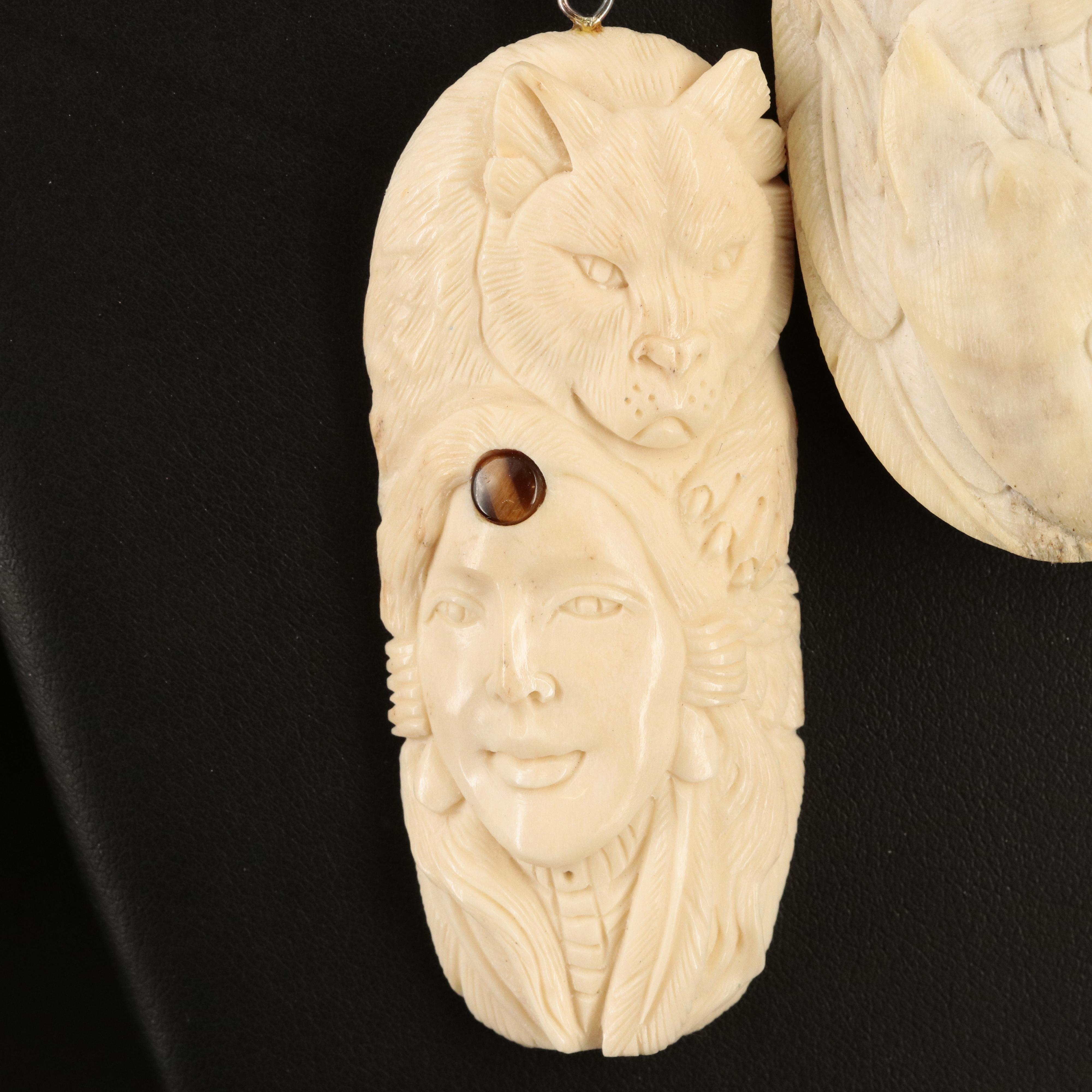 Sterling Carved Bone Totem Necklaces with Tiger's Eye and Labradorite Accents