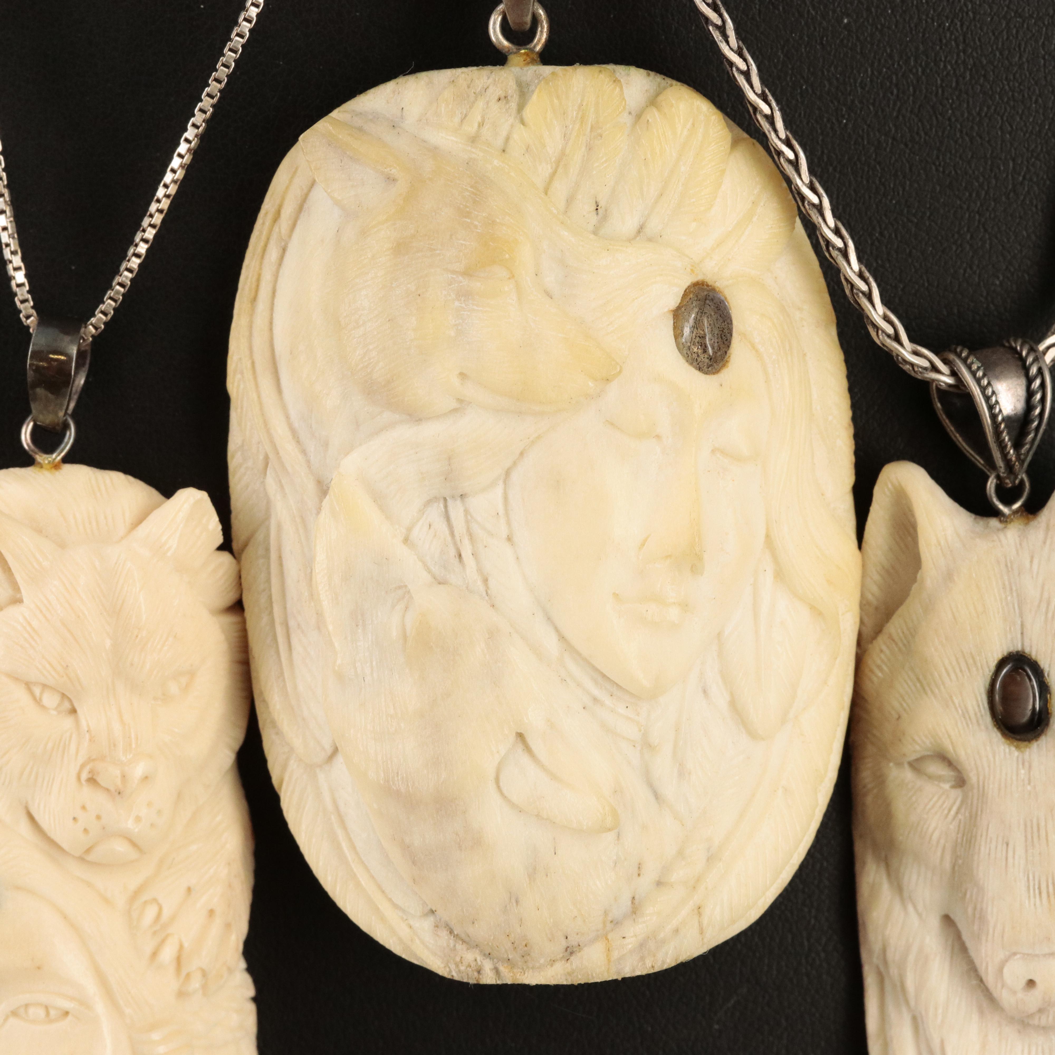 Sterling Carved Bone Totem Necklaces with Tiger's Eye and Labradorite Accents