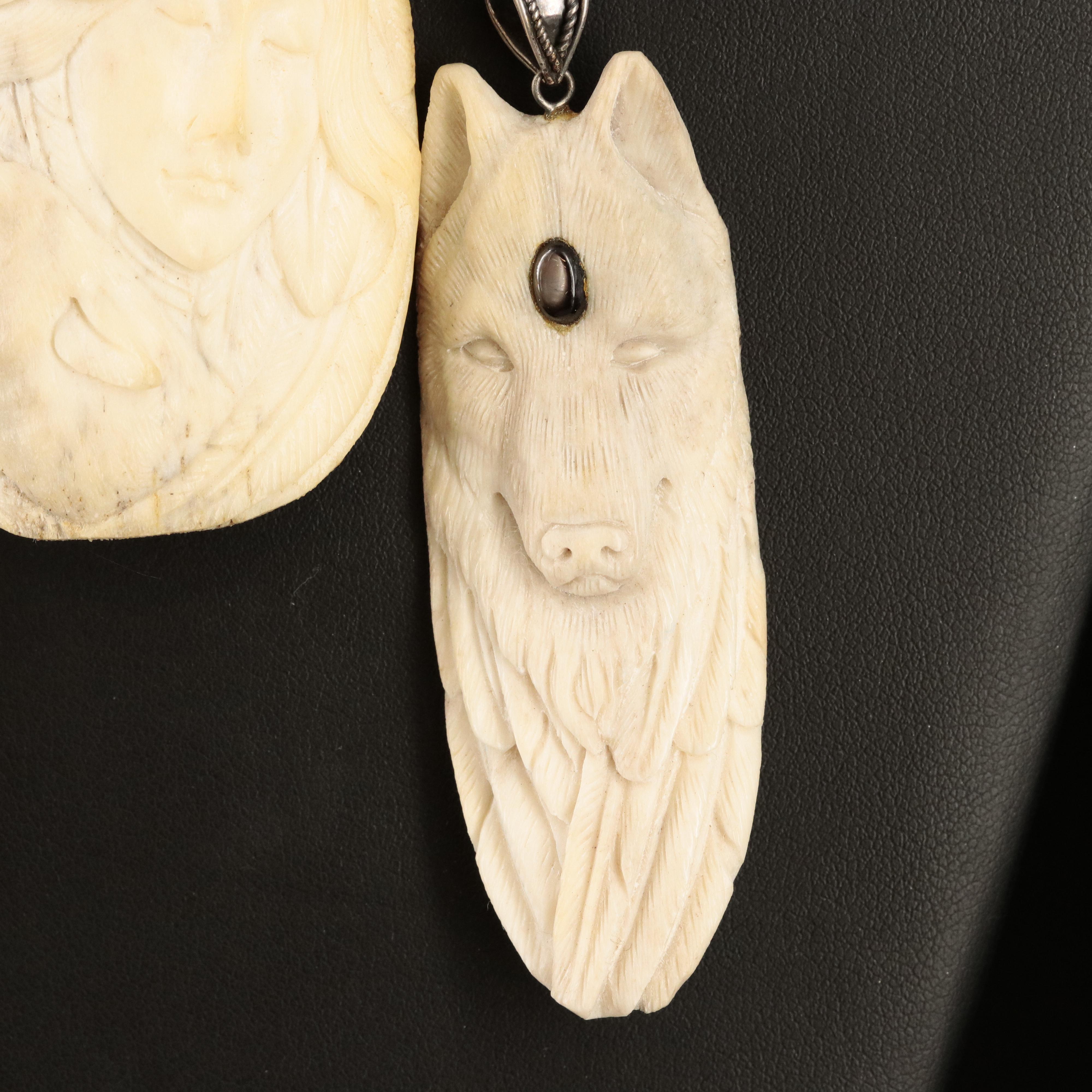 Sterling Carved Bone Totem Necklaces with Tiger's Eye and Labradorite Accents