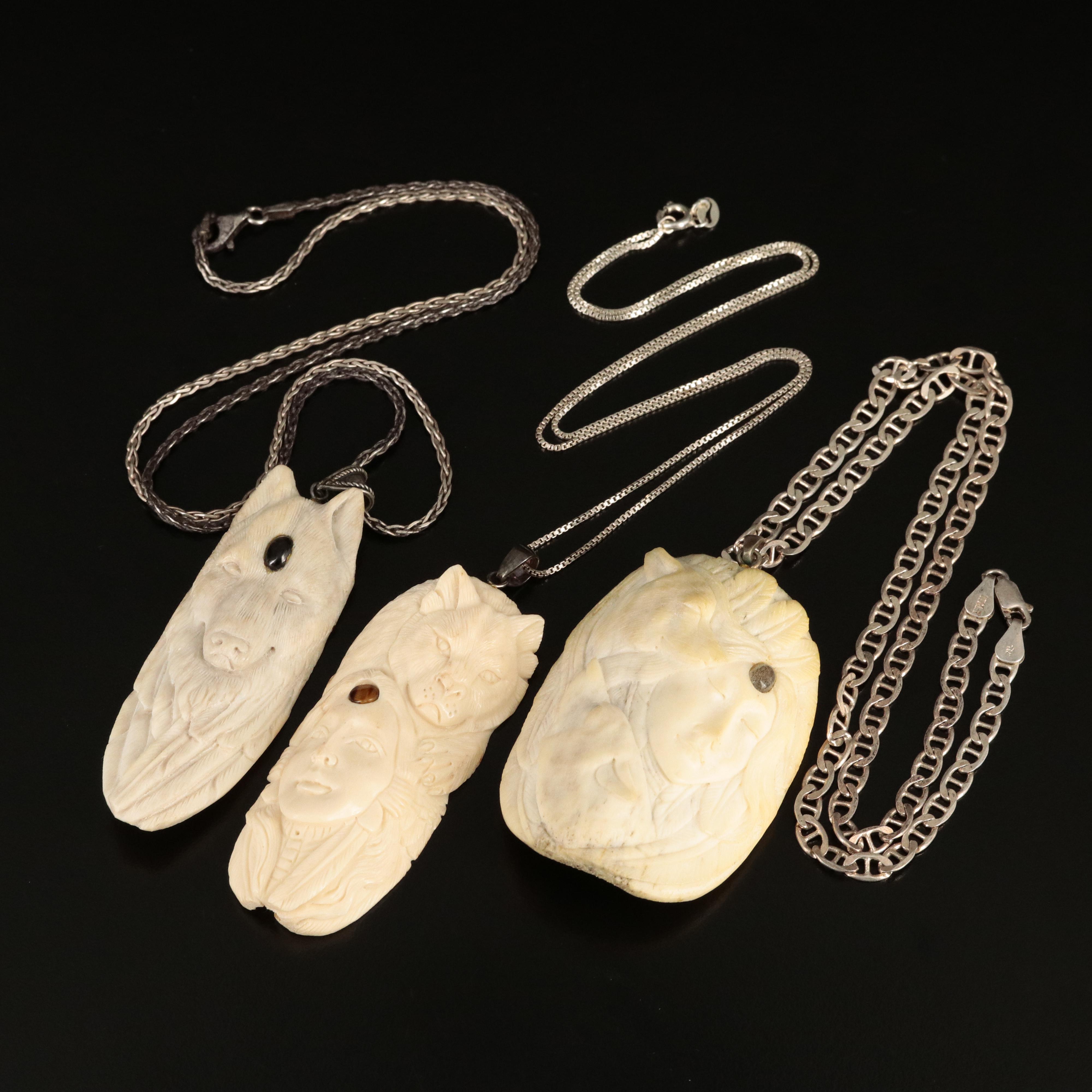 Sterling Carved Bone Totem Necklaces with Tiger's Eye and Labradorite Accents