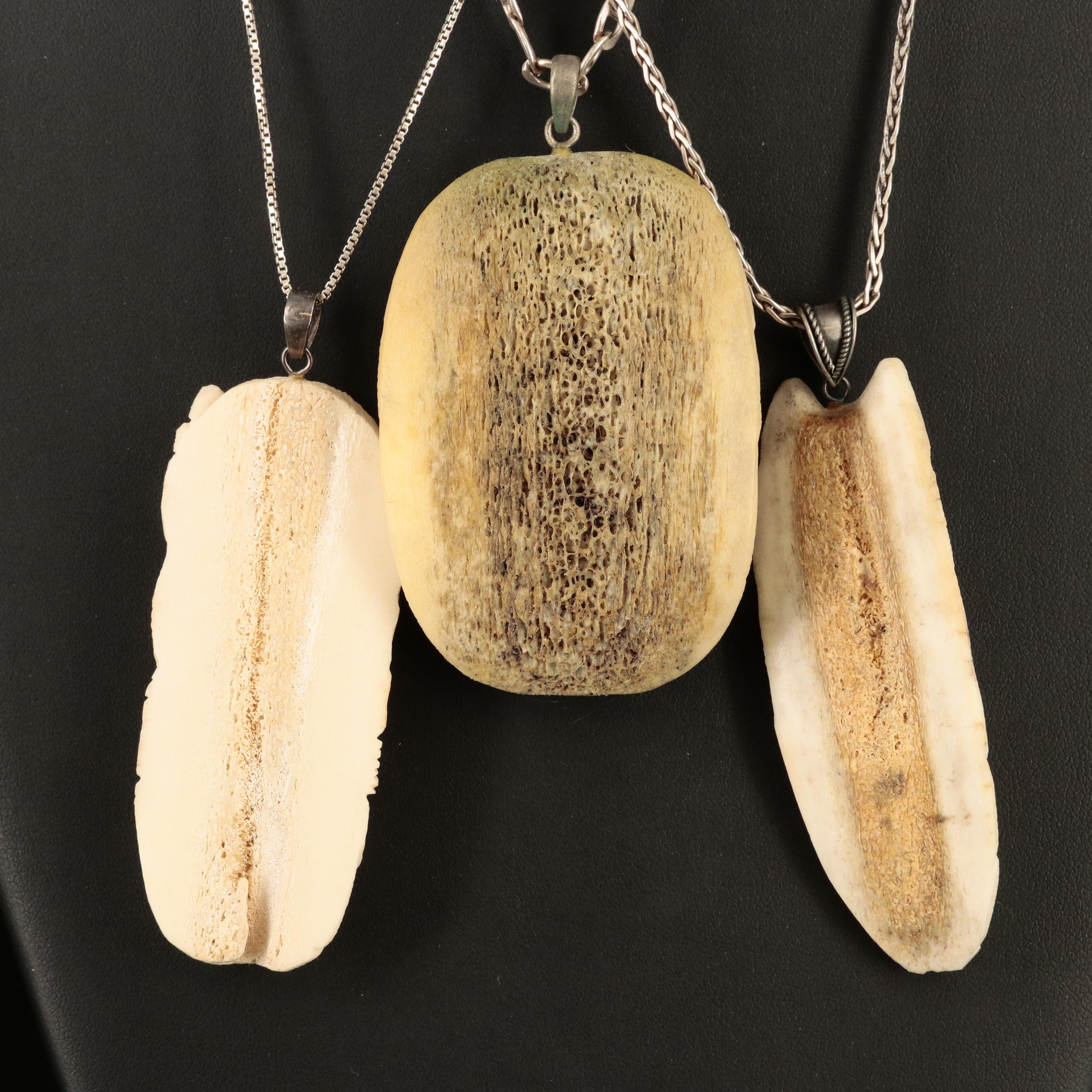 Sterling Carved Bone Totem Necklaces with Tiger's Eye and Labradorite Accents