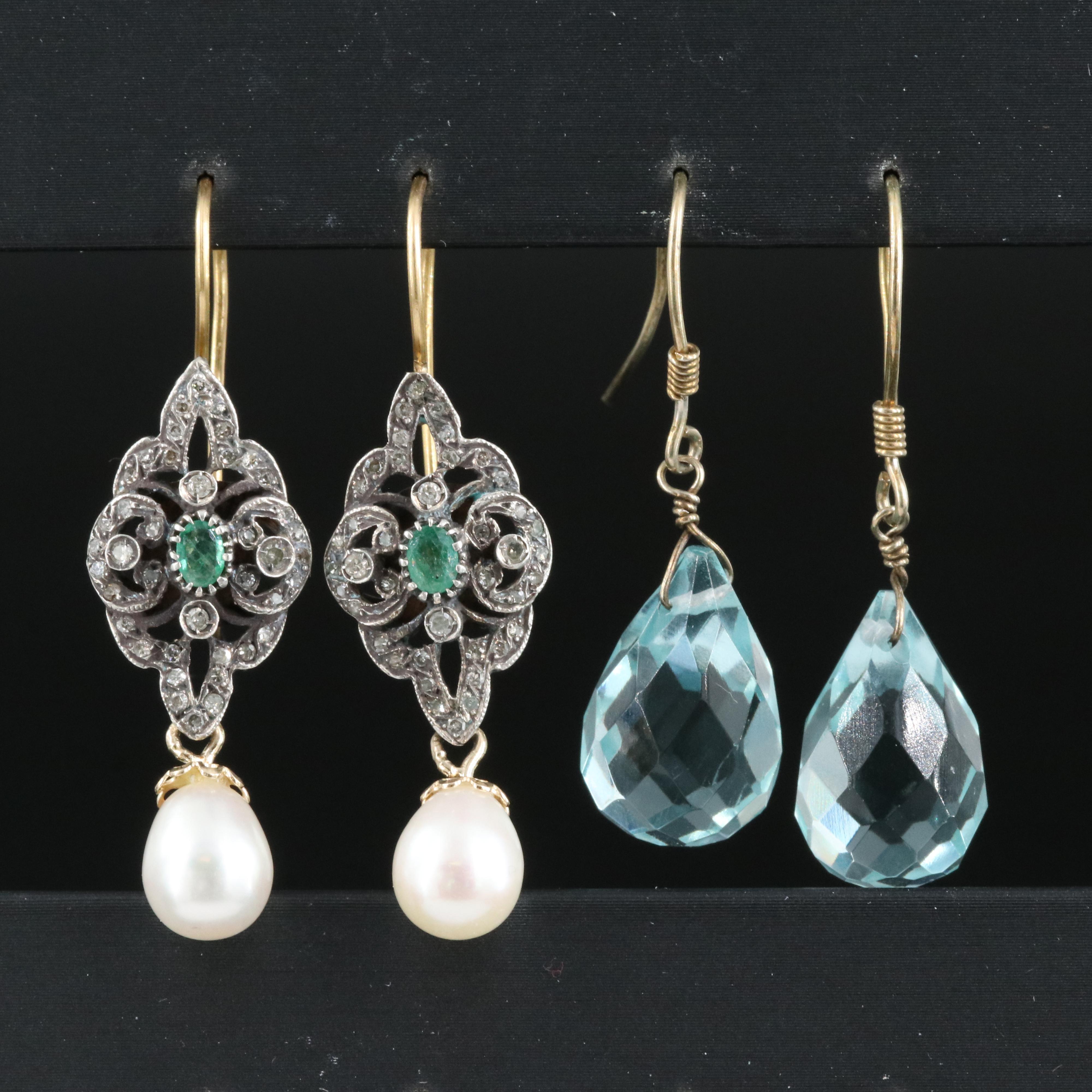 14K 0.50 CTW Diamond, Emerald, Pearl Earrings with Sterling Briolette Earrings