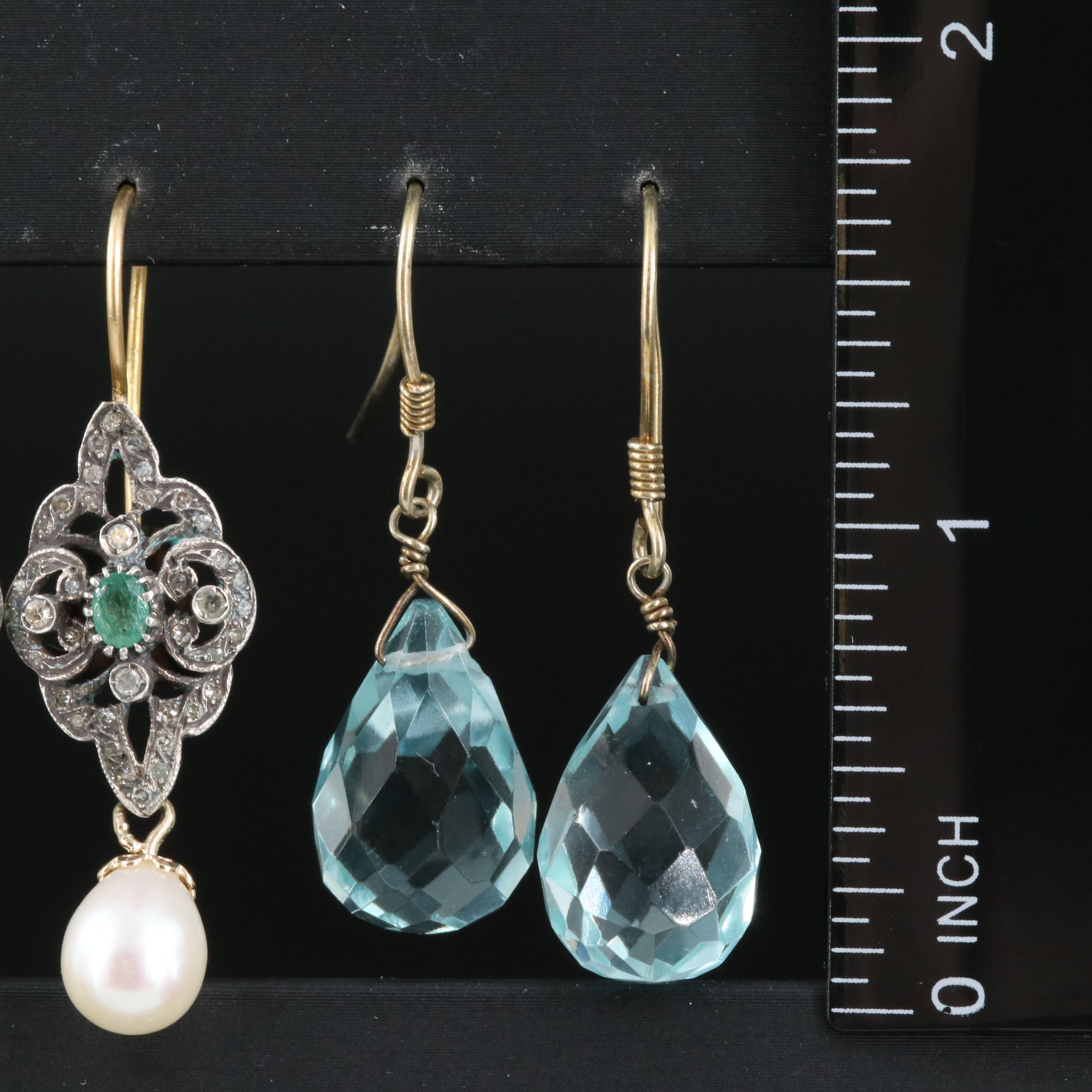 14K 0.50 CTW Diamond, Emerald, Pearl Earrings with Sterling Briolette Earrings