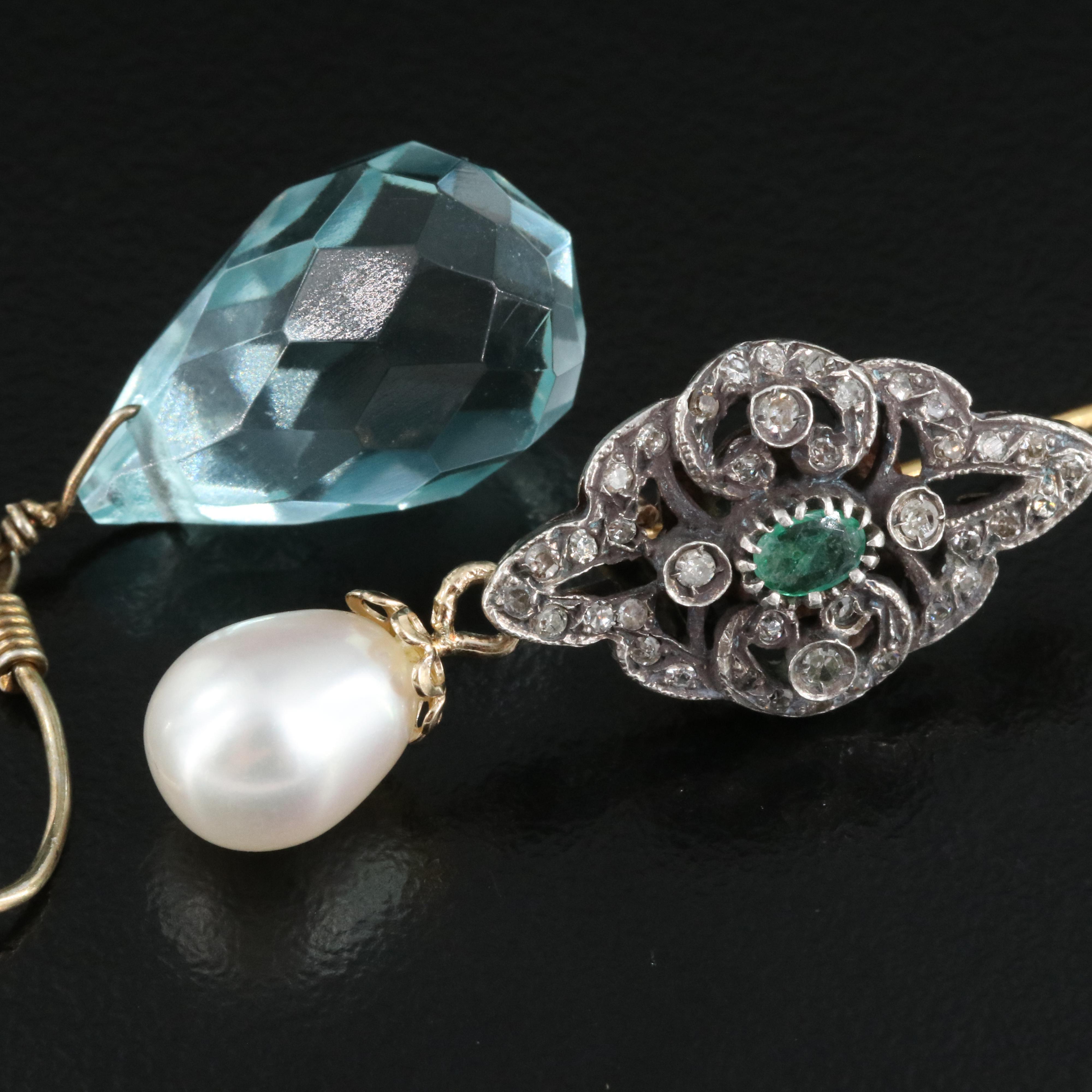 14K 0.50 CTW Diamond, Emerald, Pearl Earrings with Sterling Briolette Earrings