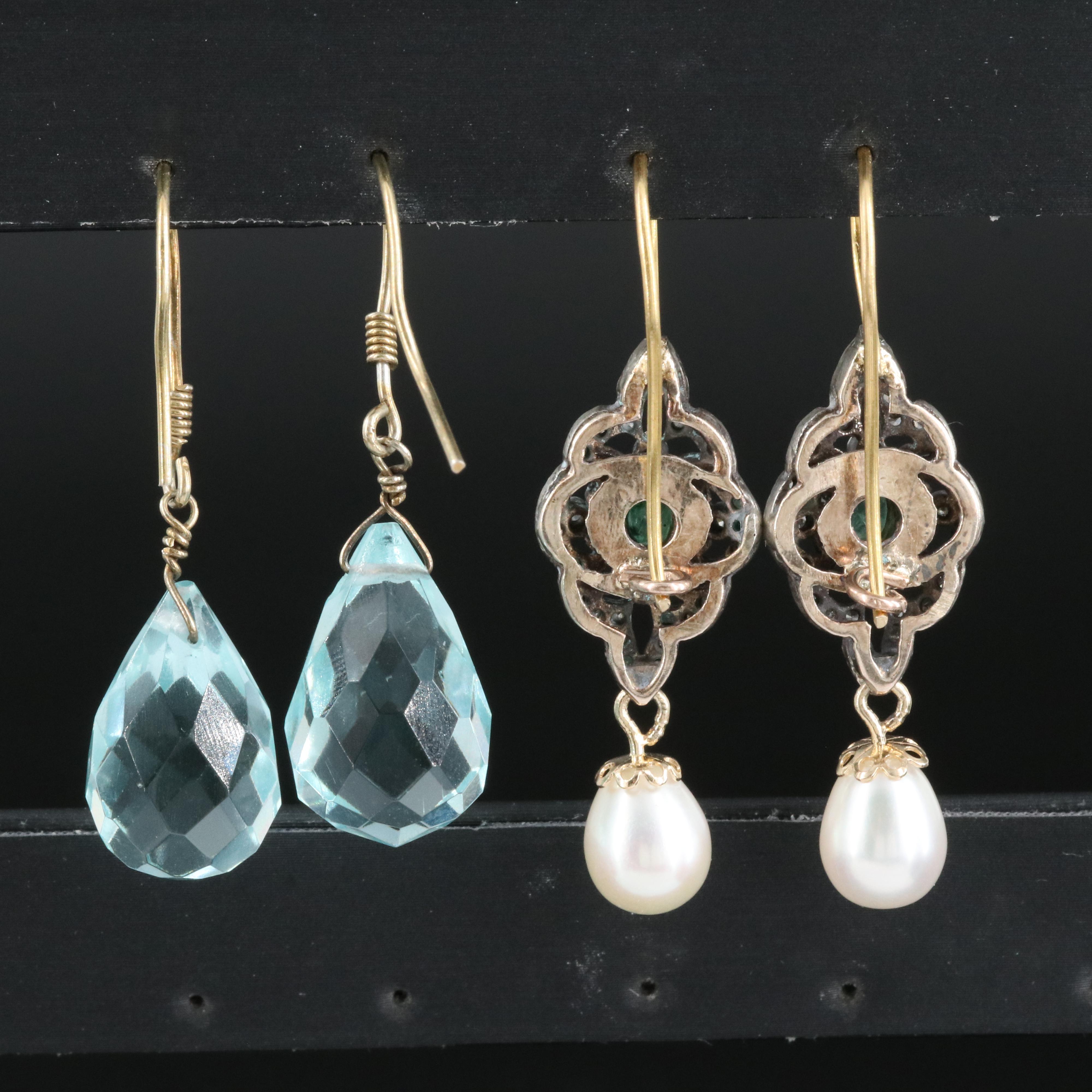 14K 0.50 CTW Diamond, Emerald, Pearl Earrings with Sterling Briolette Earrings