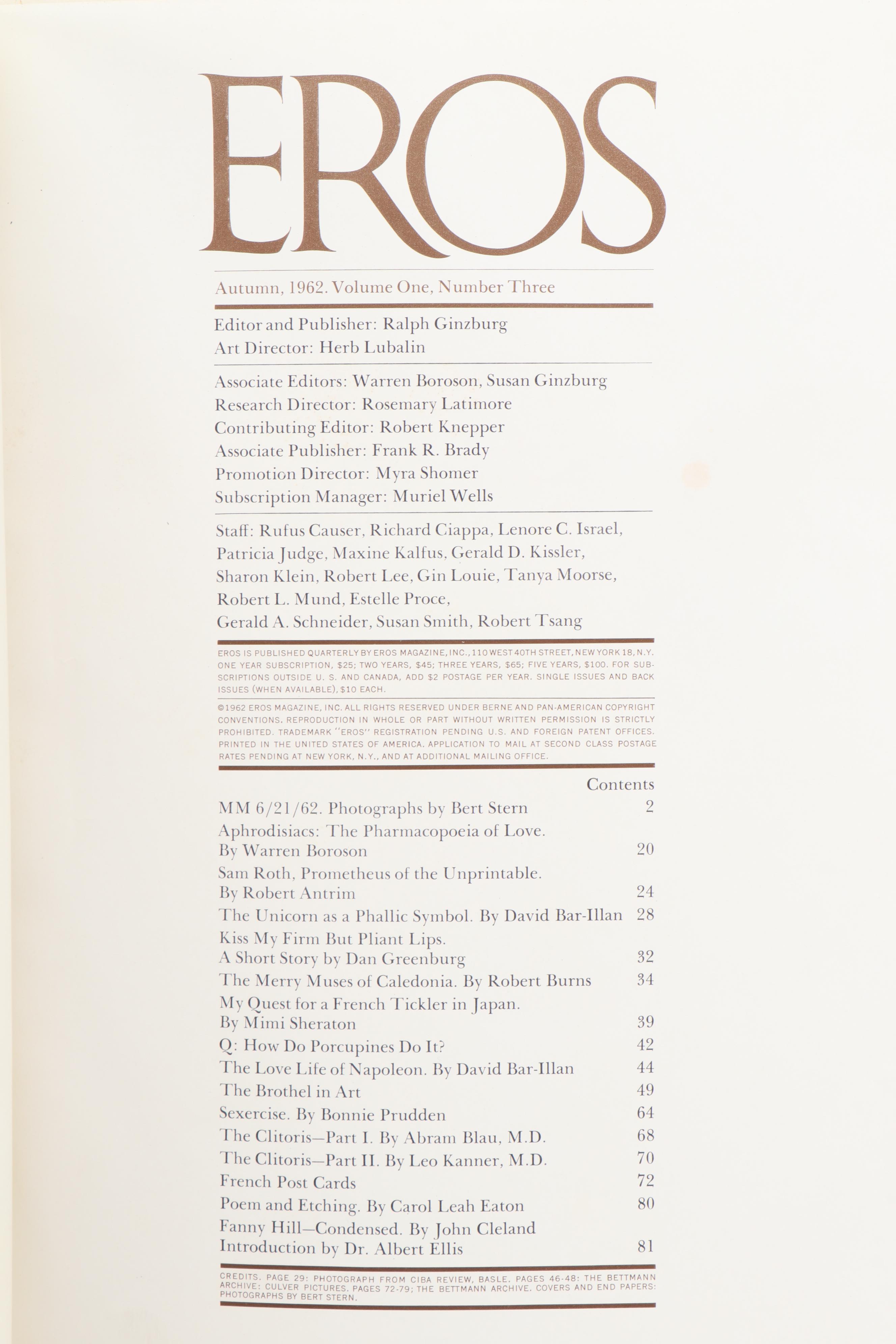 "Eros" Vol. 1 #3 Featuring Marilyn Monroe Edited by Ralph Ginzburg, Autumn 1962