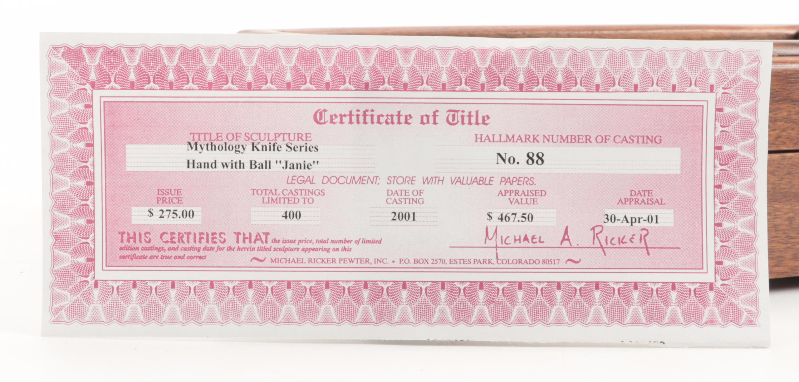 Michael Ricker Limited Edition Hand With Orb Handle Knife in Case, 2001