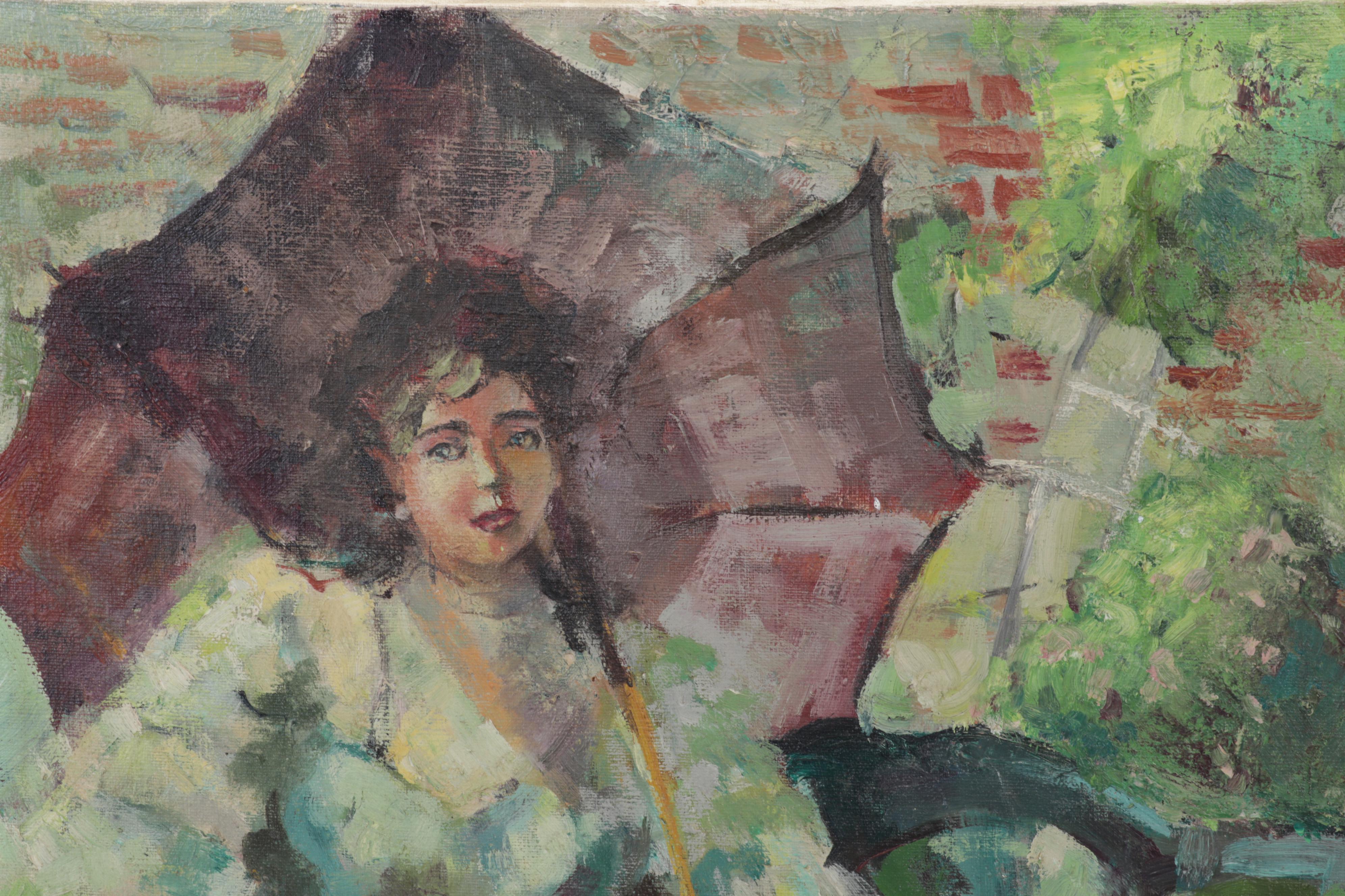 Portrait Oil Painting of Young Woman Holding Parasol, Mid-20th Century