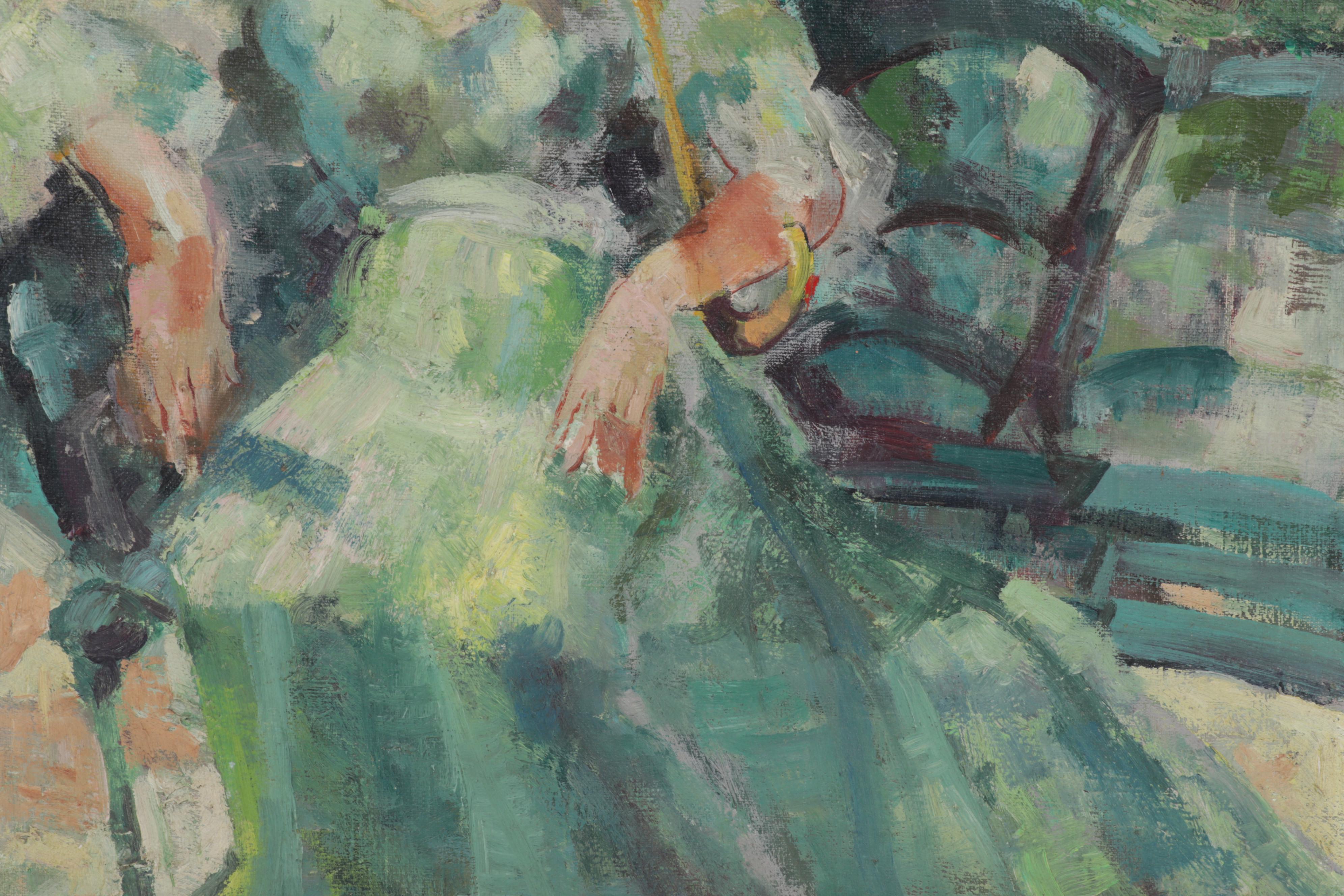 Portrait Oil Painting of Young Woman Holding Parasol, Mid-20th Century
