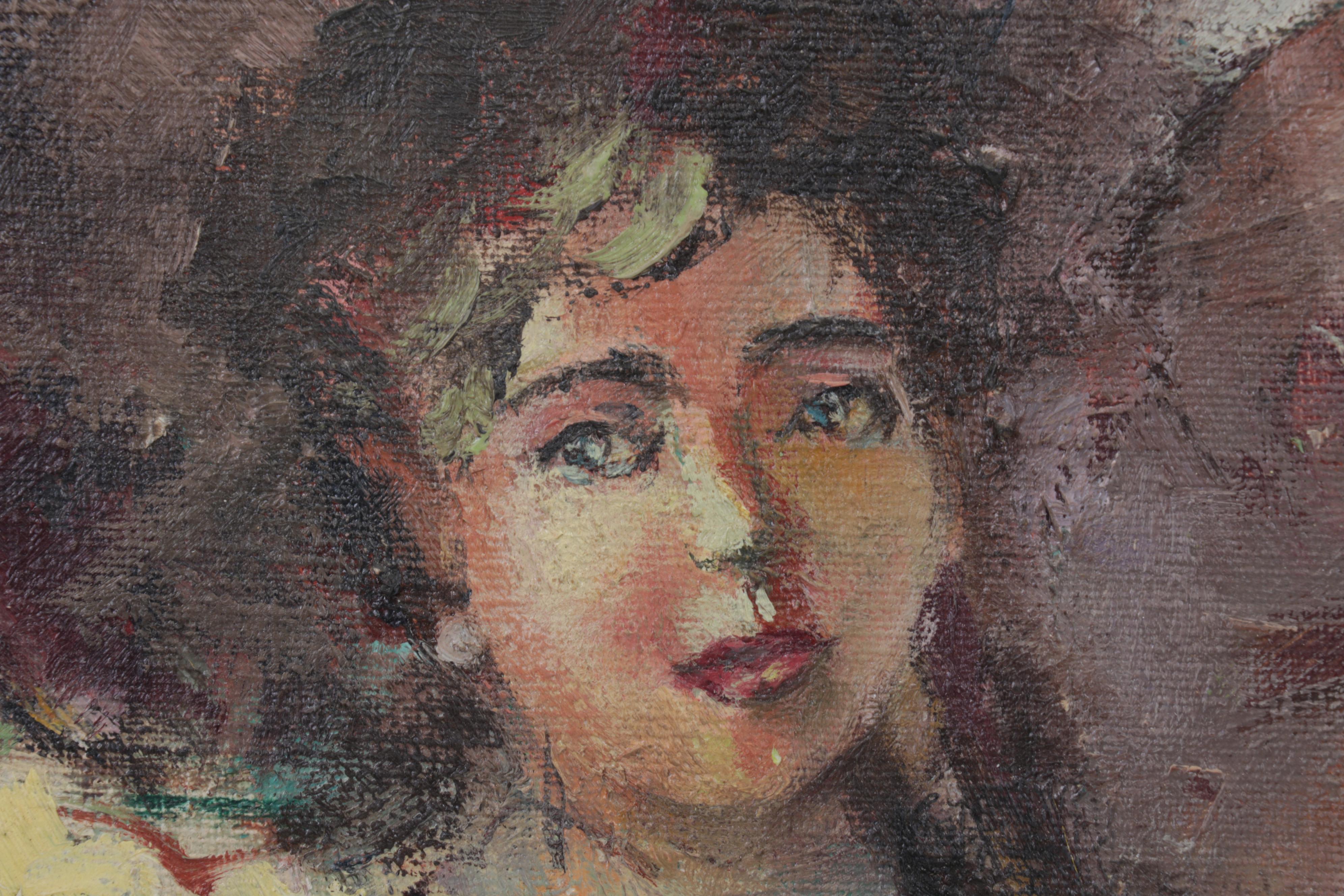 Portrait Oil Painting of Young Woman Holding Parasol, Mid-20th Century