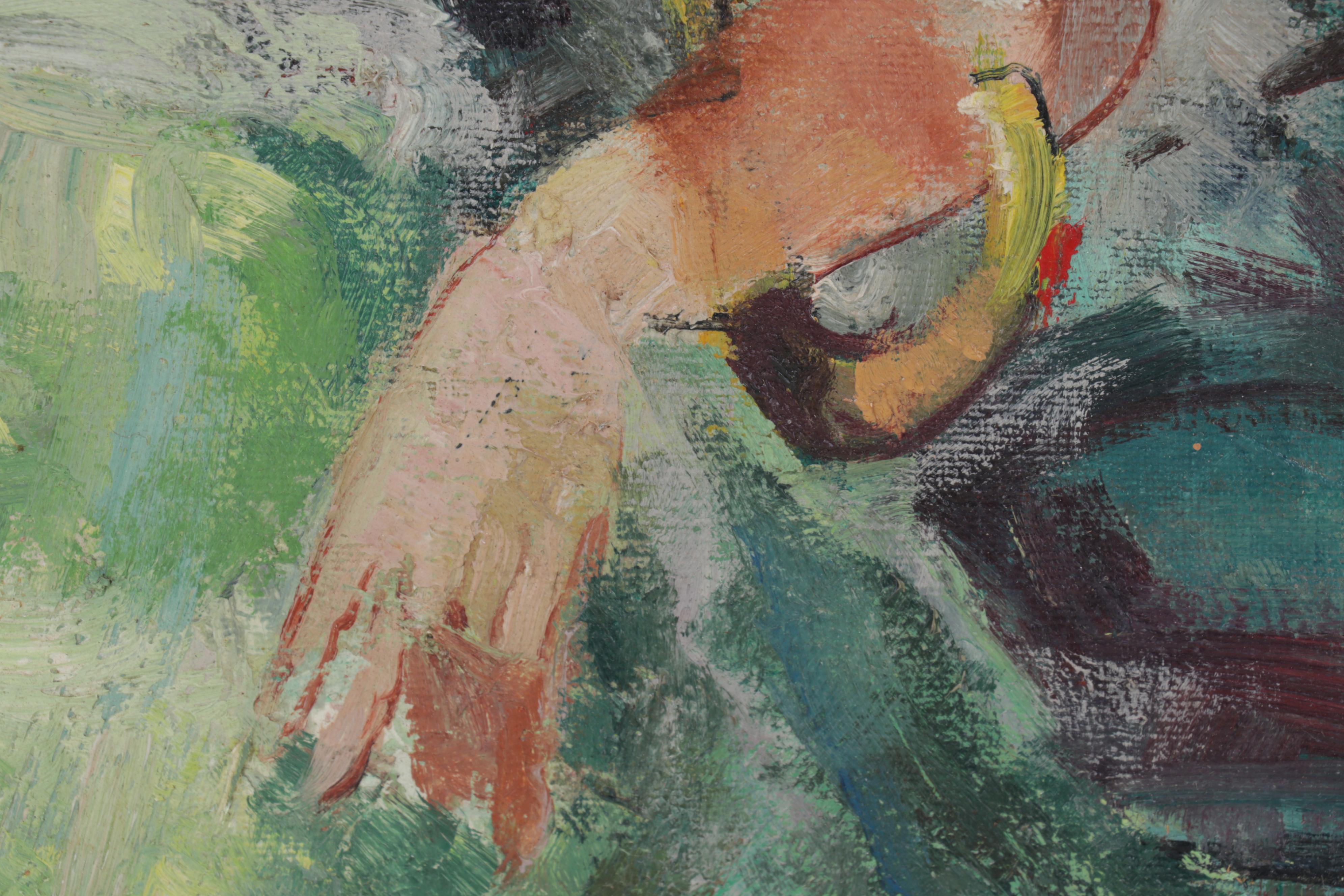 Portrait Oil Painting of Young Woman Holding Parasol, Mid-20th Century