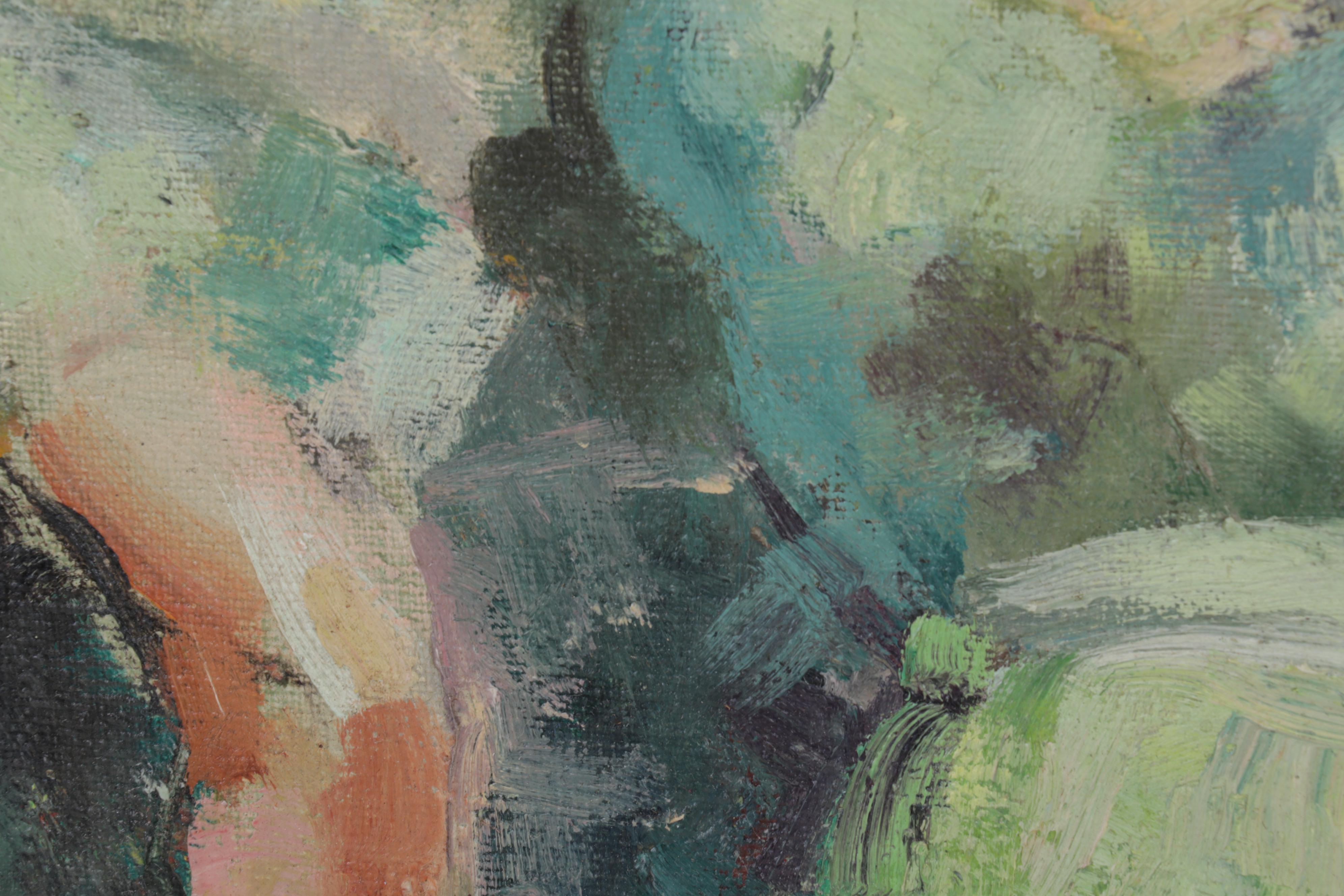 Portrait Oil Painting of Young Woman Holding Parasol, Mid-20th Century