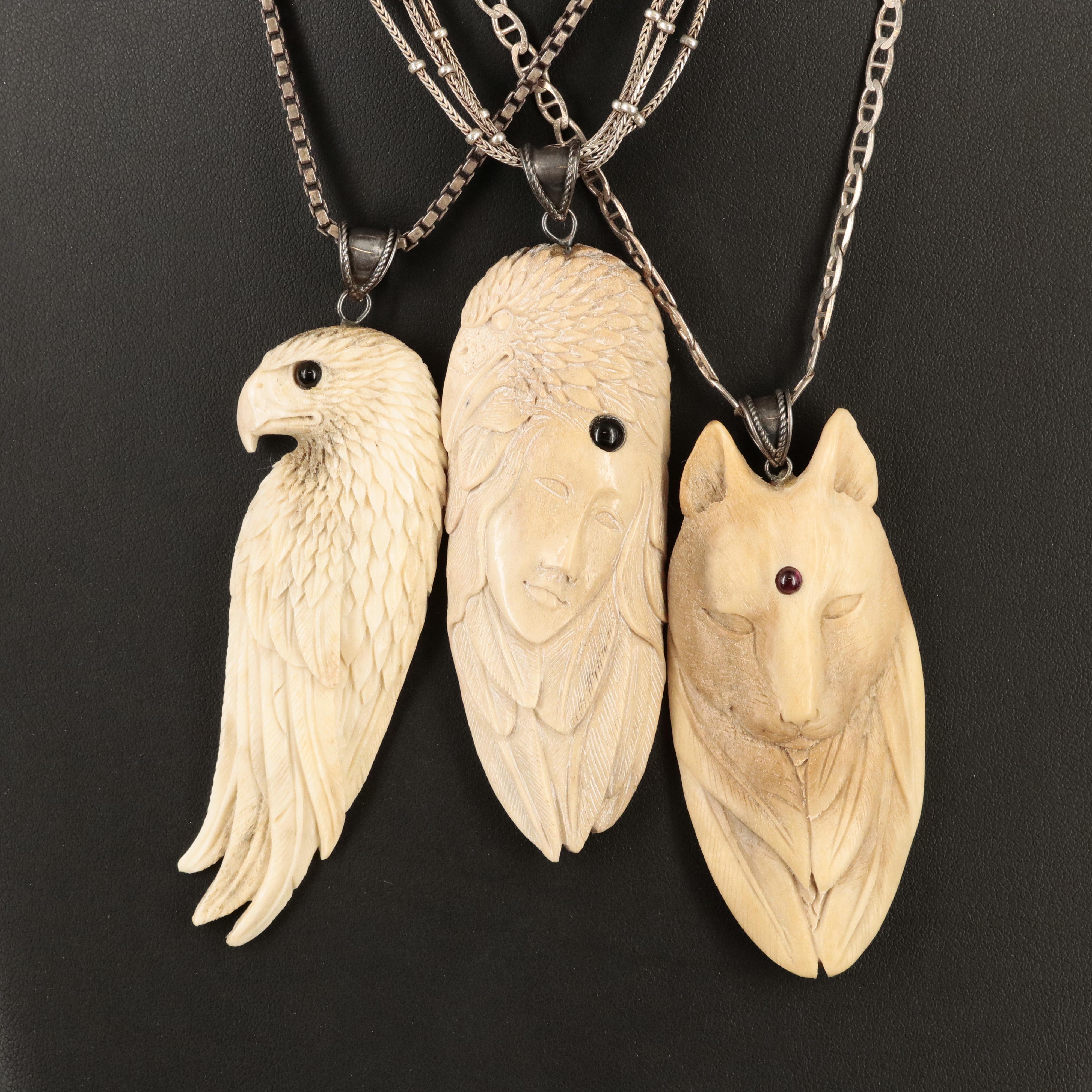 Sterling Carved Bone Totem Necklaces with Black Onyx Accents