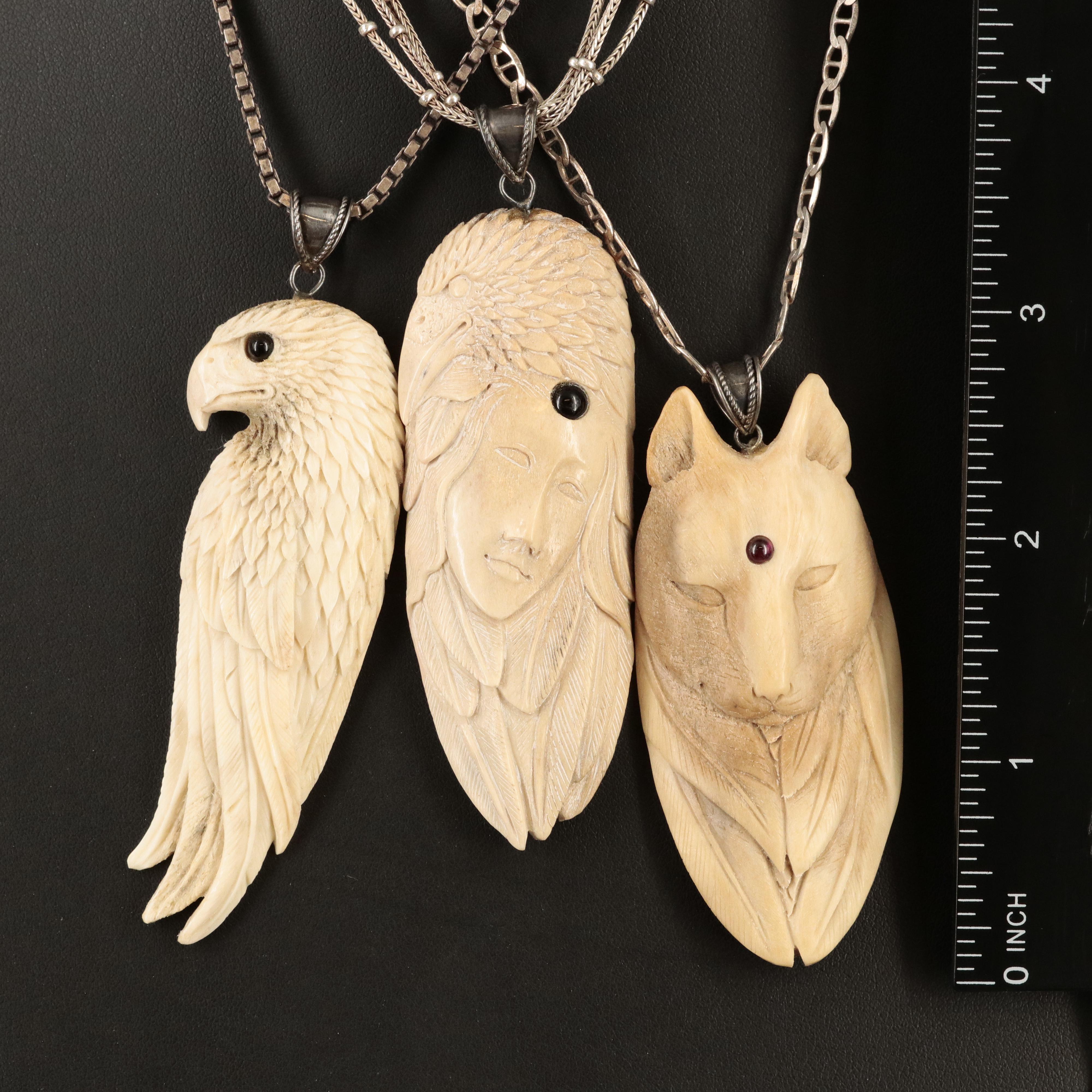 Sterling Carved Bone Totem Necklaces with Black Onyx Accents