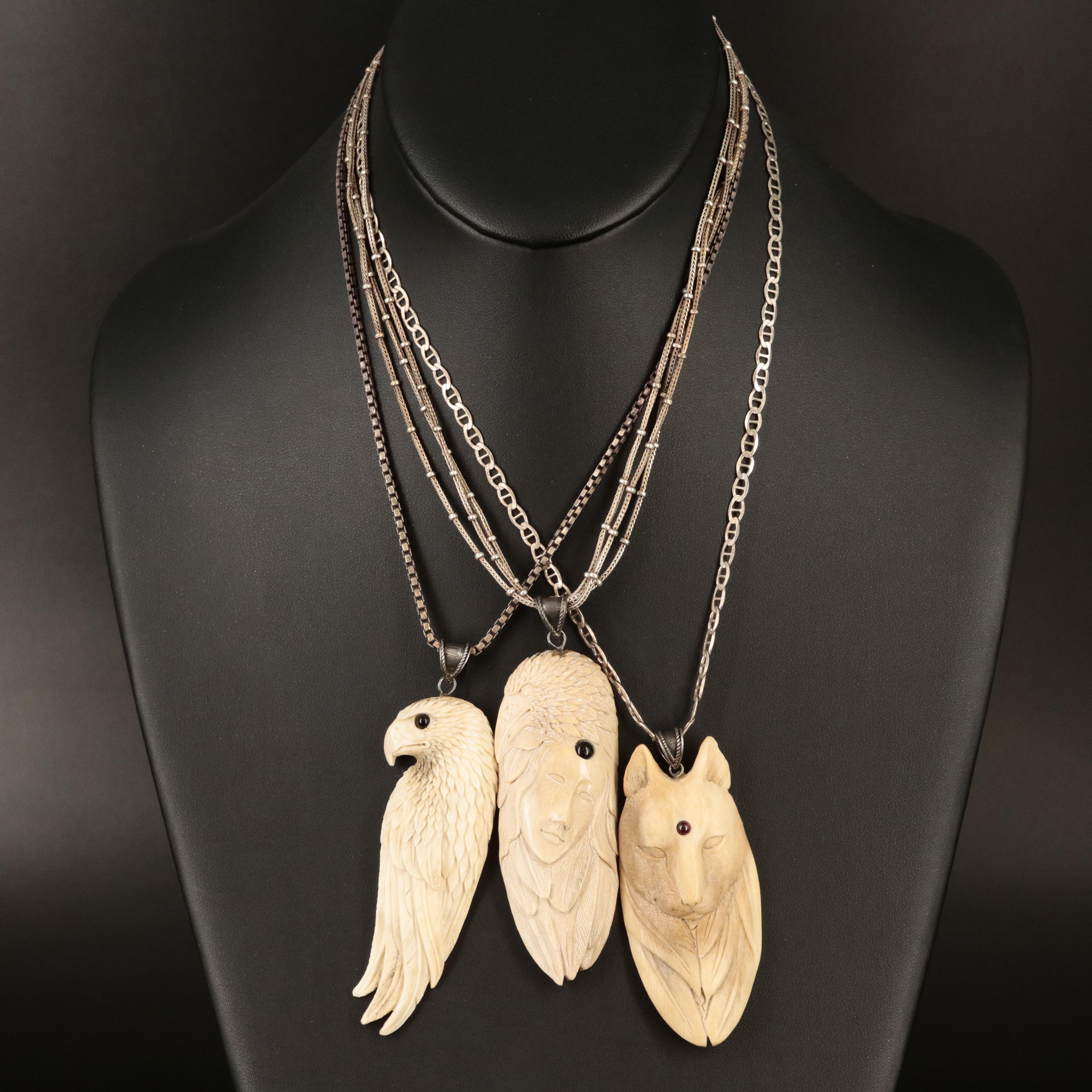 Sterling Carved Bone Totem Necklaces with Black Onyx Accents