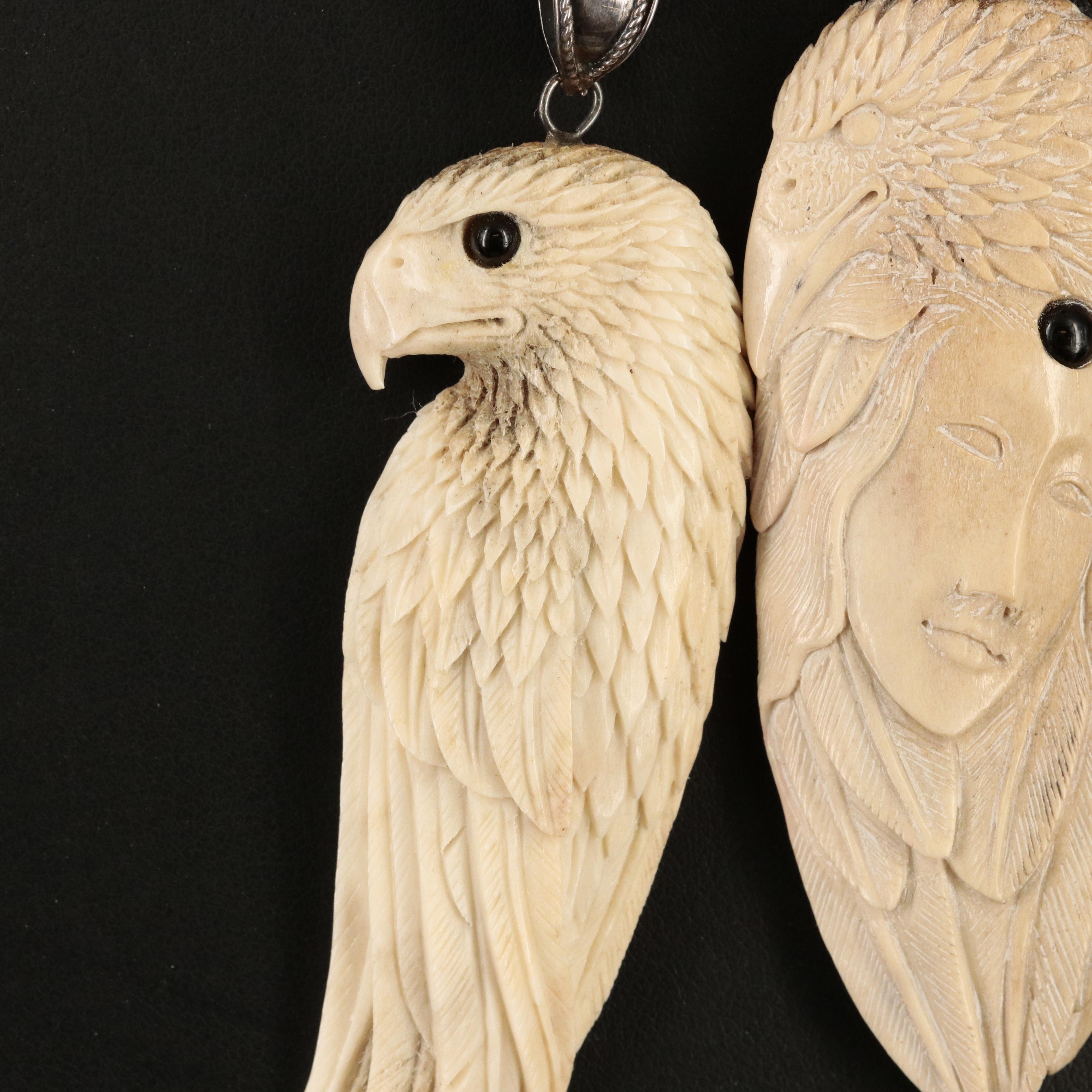 Sterling Carved Bone Totem Necklaces with Black Onyx Accents
