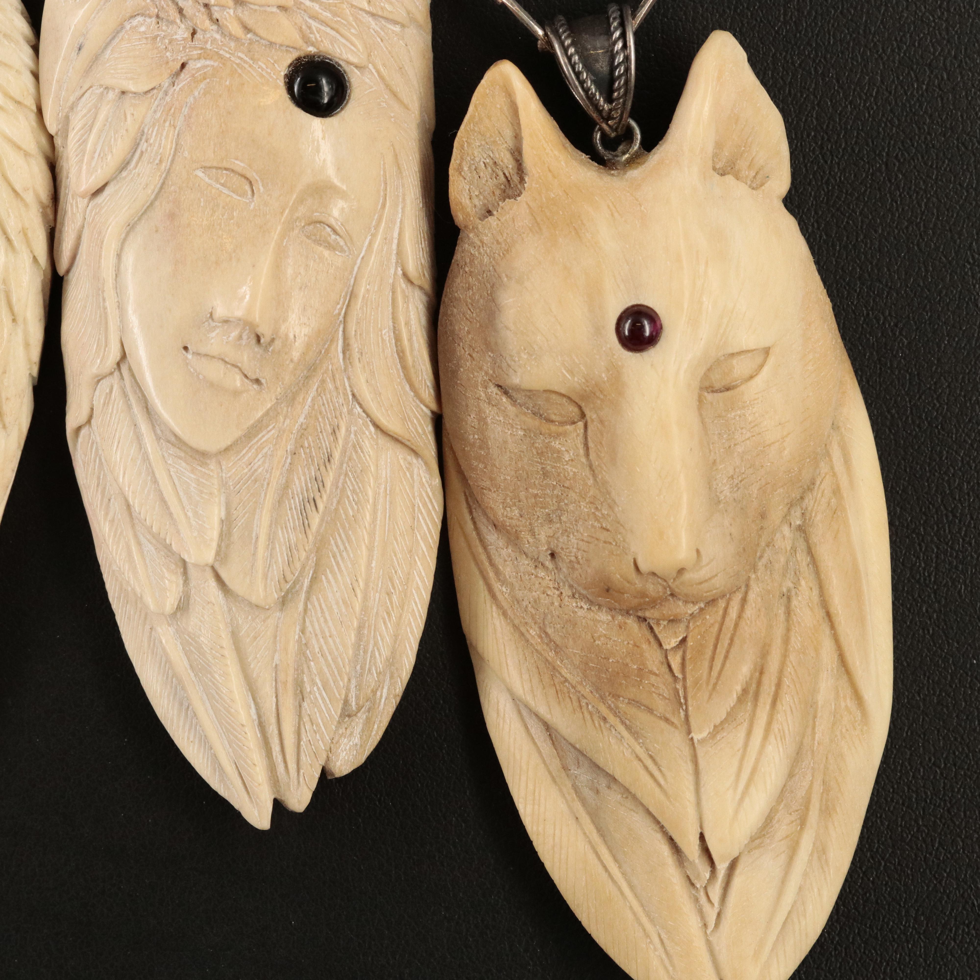 Sterling Carved Bone Totem Necklaces with Black Onyx Accents