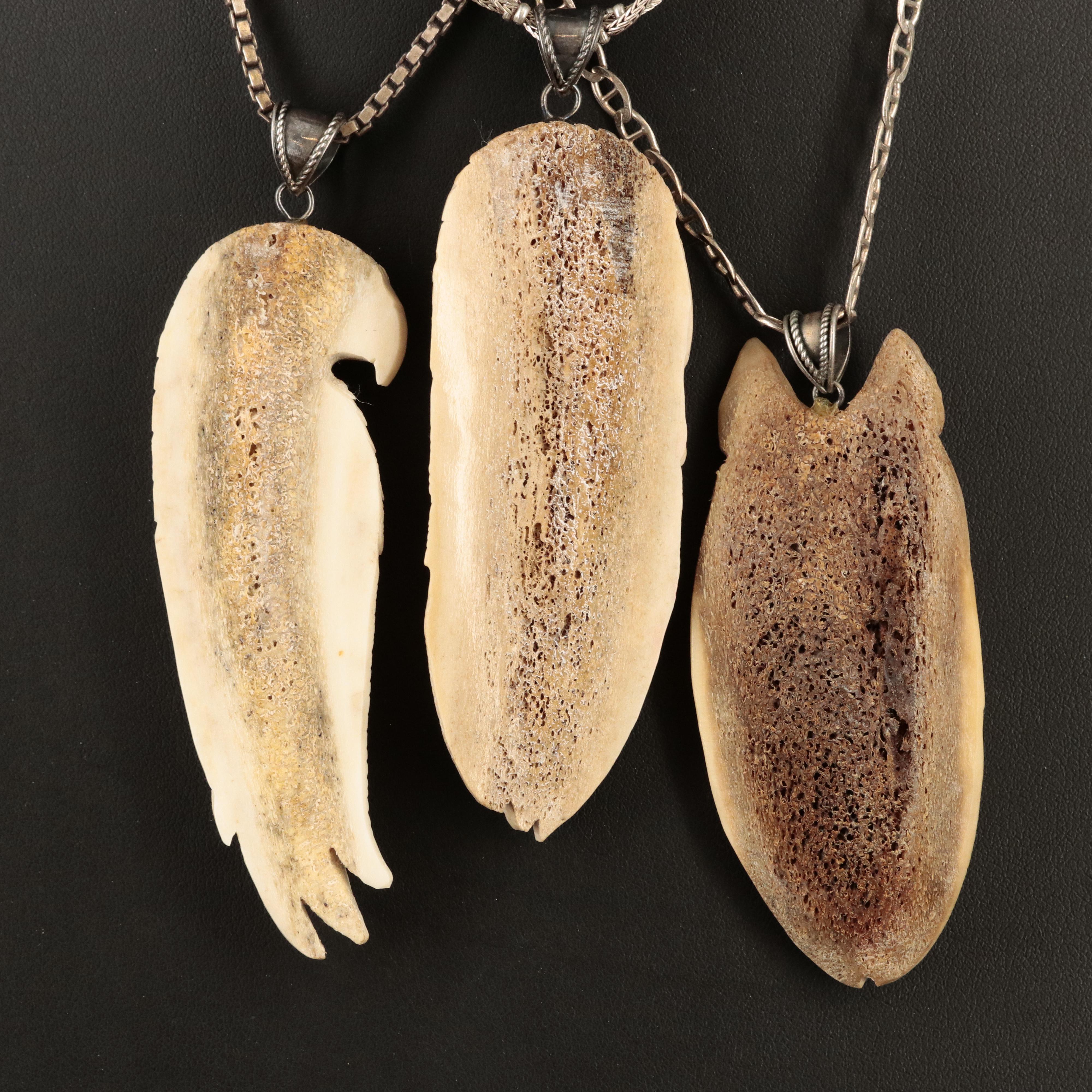 Sterling Carved Bone Totem Necklaces with Black Onyx Accents