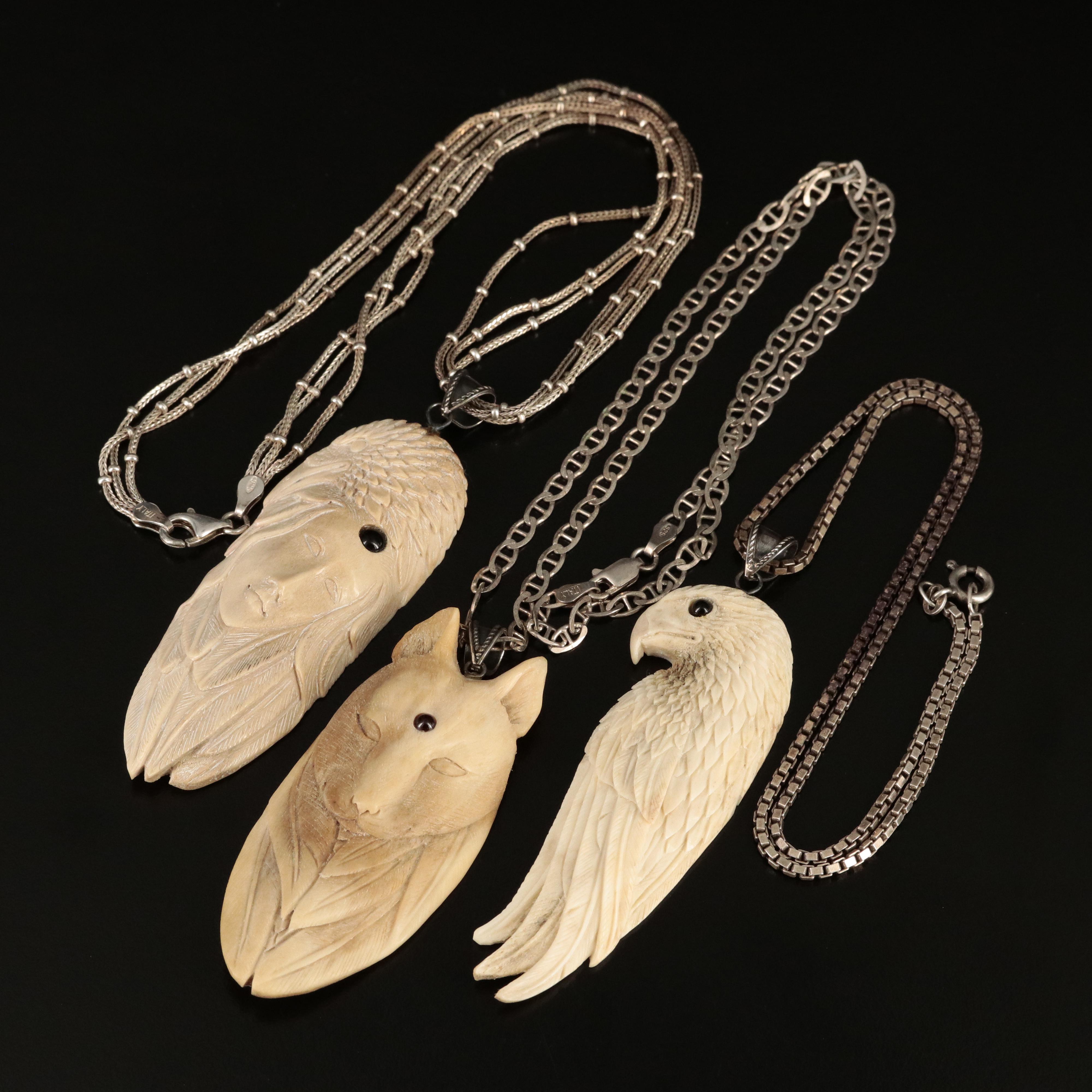 Sterling Carved Bone Totem Necklaces with Black Onyx Accents