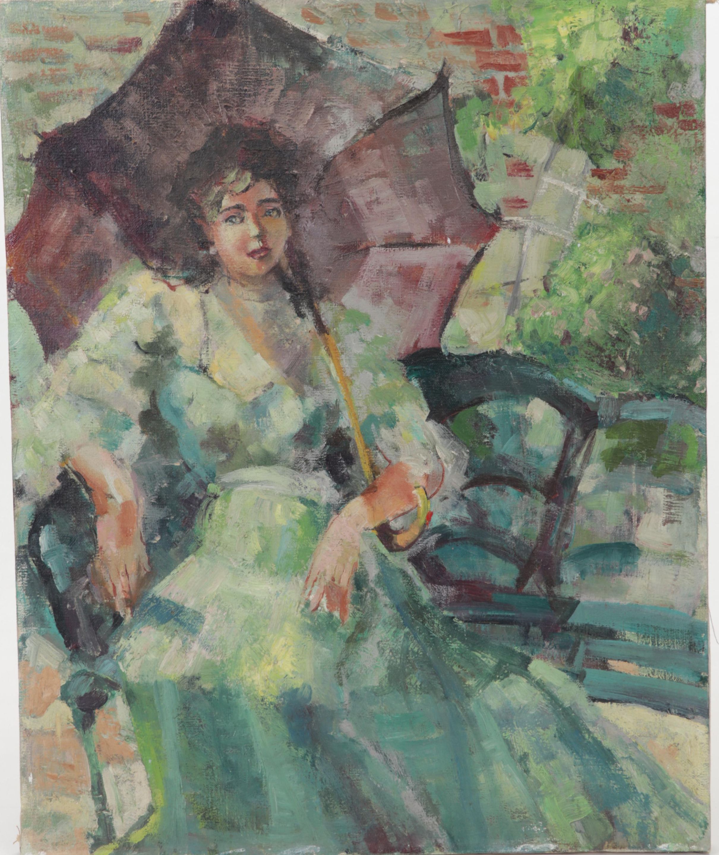Portrait Oil Painting of Young Woman Holding Parasol, Mid-20th Century