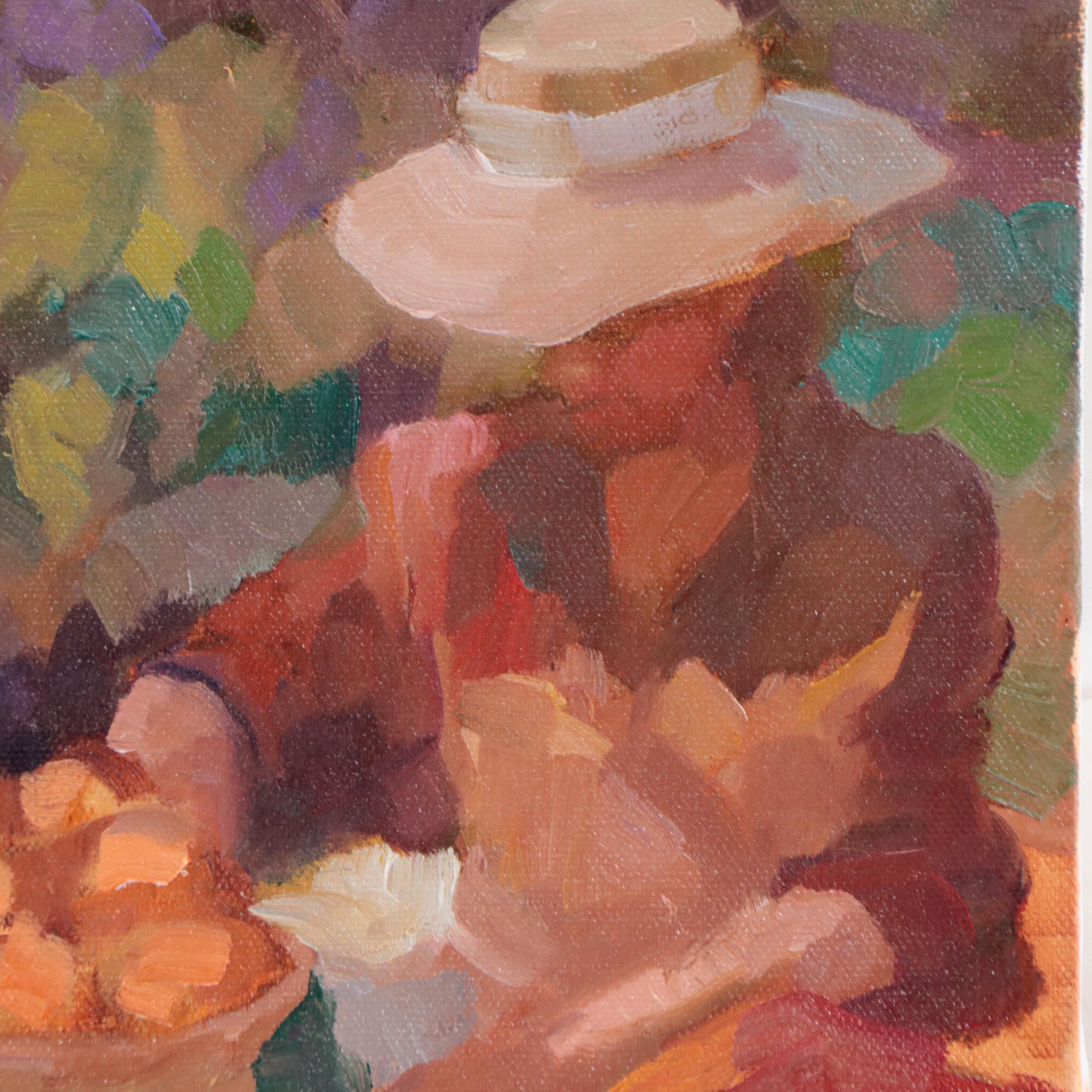 Sally Rosenbaum Oil Painting of Seated Figure with Fruit, 21st Century