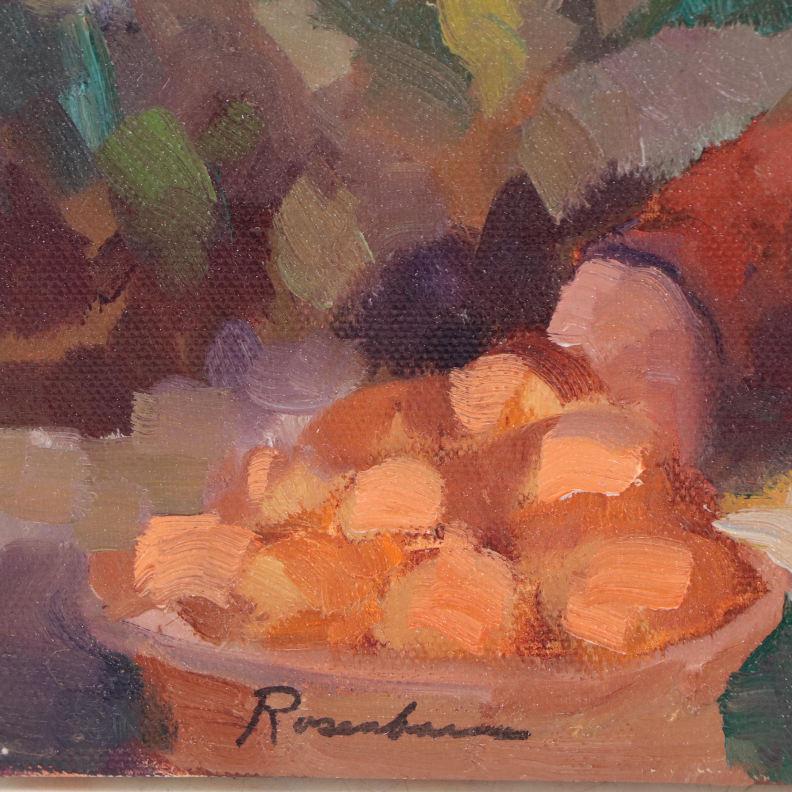 Sally Rosenbaum Oil Painting of Seated Figure with Fruit, 21st Century