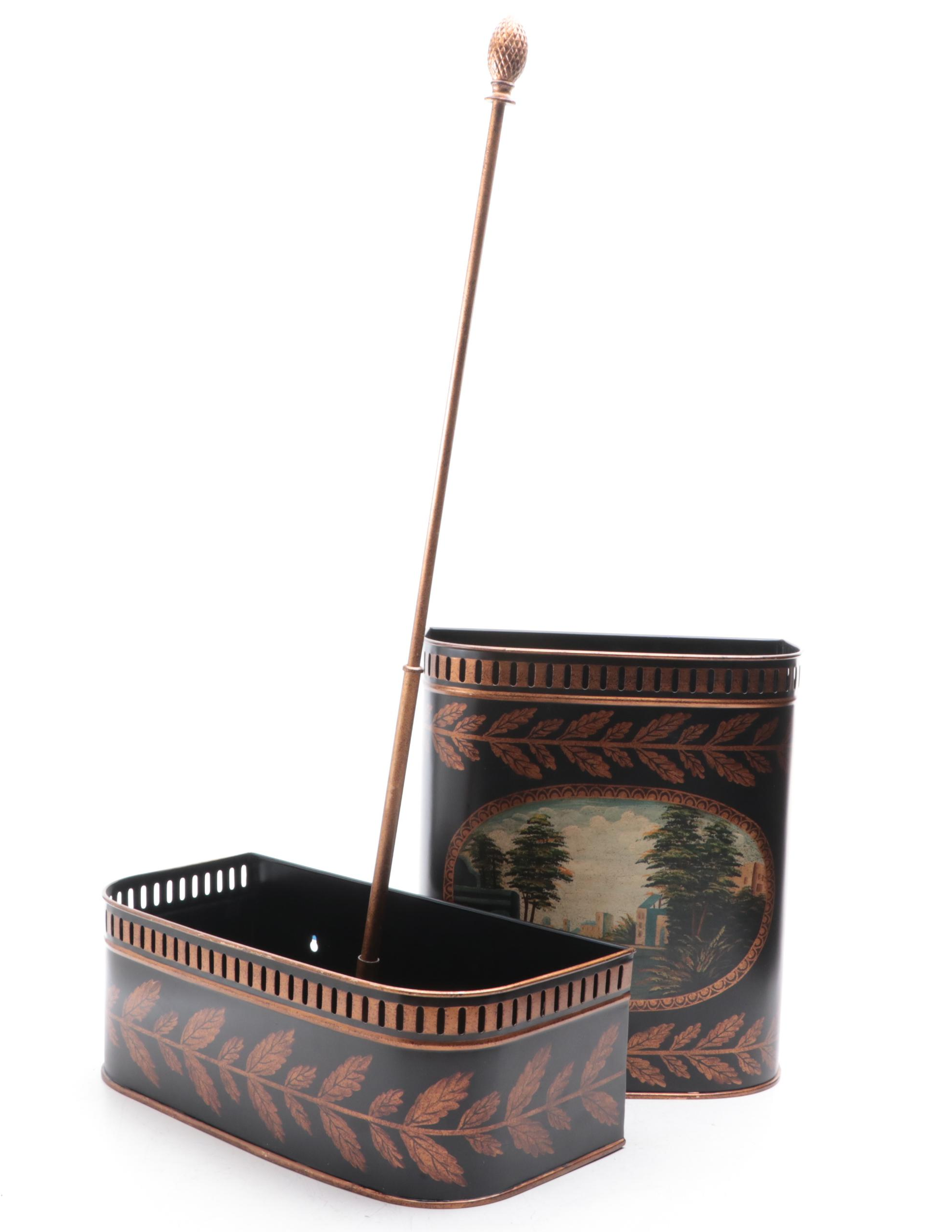 Gilded Tole Decorated Foliate and Landscape Scene Box and Planter