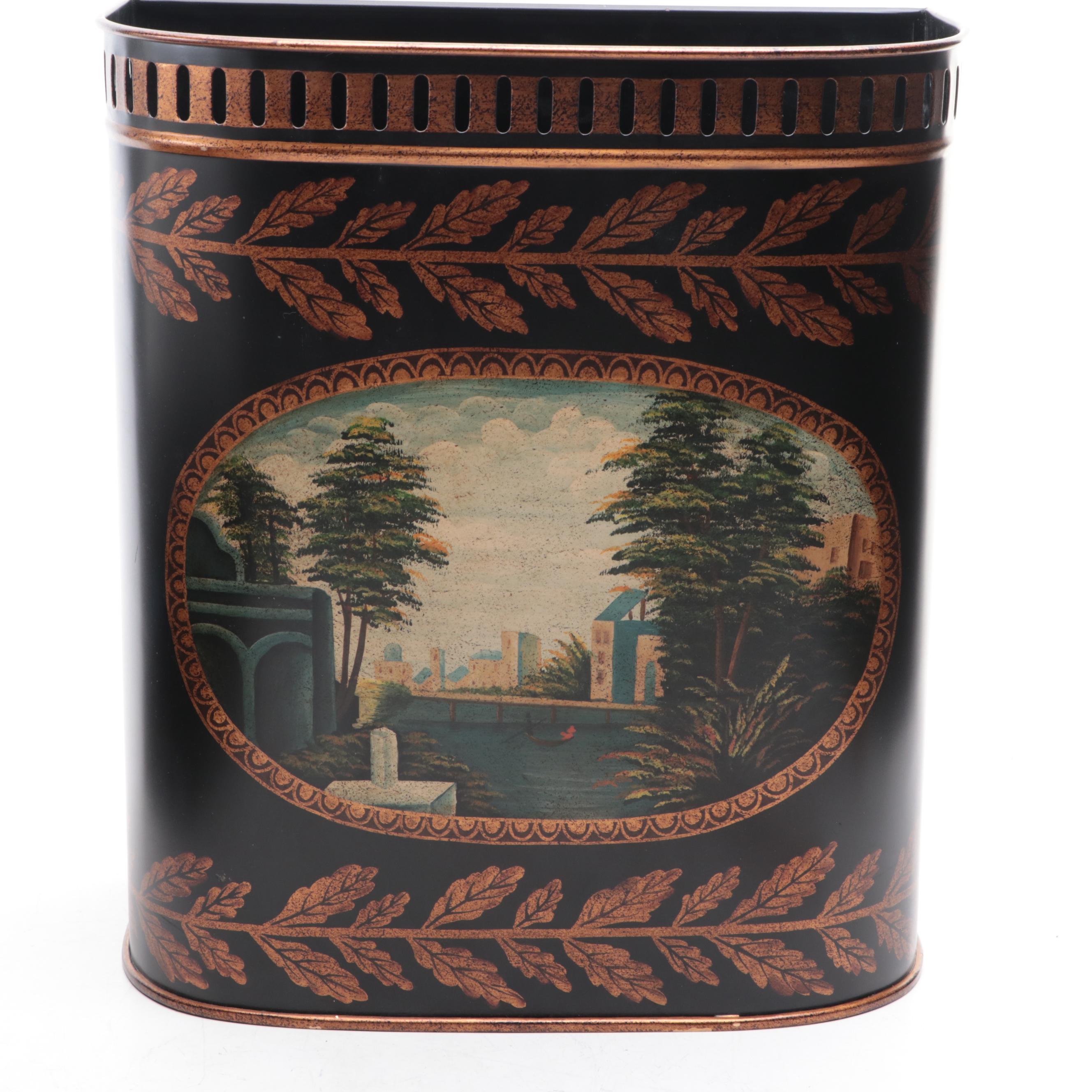 Gilded Tole Decorated Foliate and Landscape Scene Box and Planter