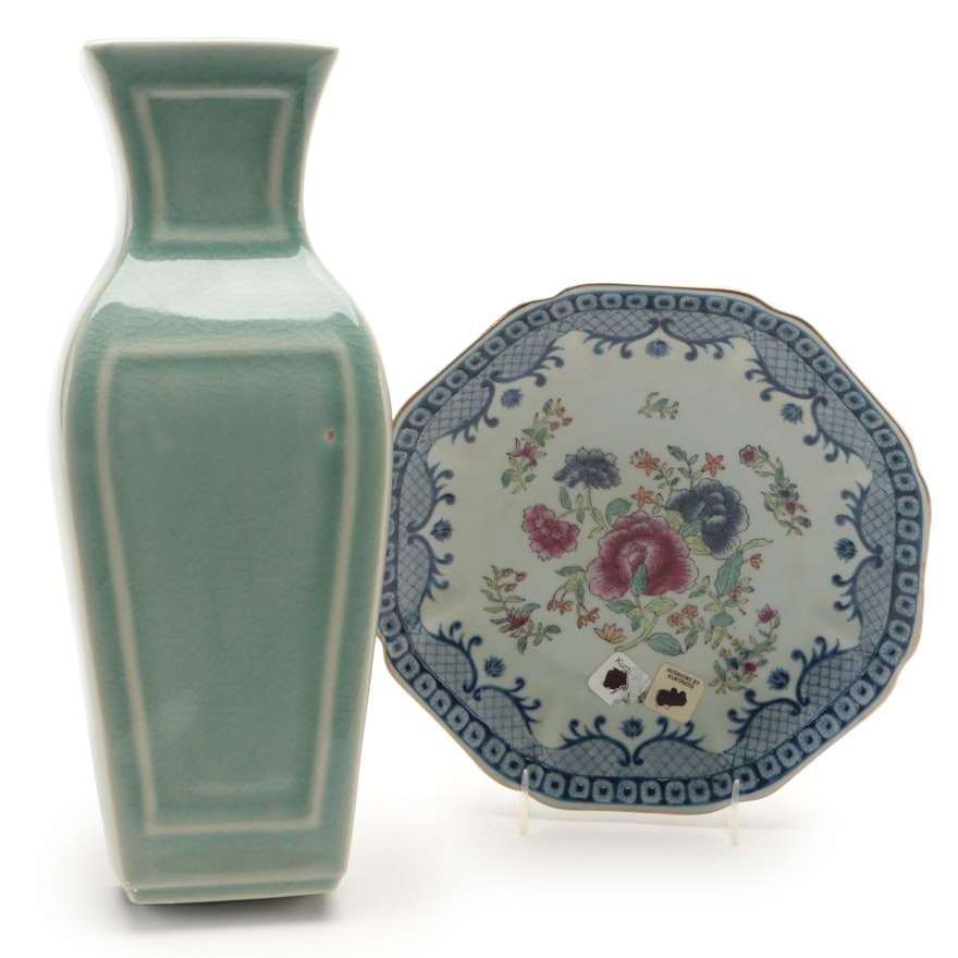 Maitland-Smith Celadon Wall Pocket With Decorative Porcelain Plate