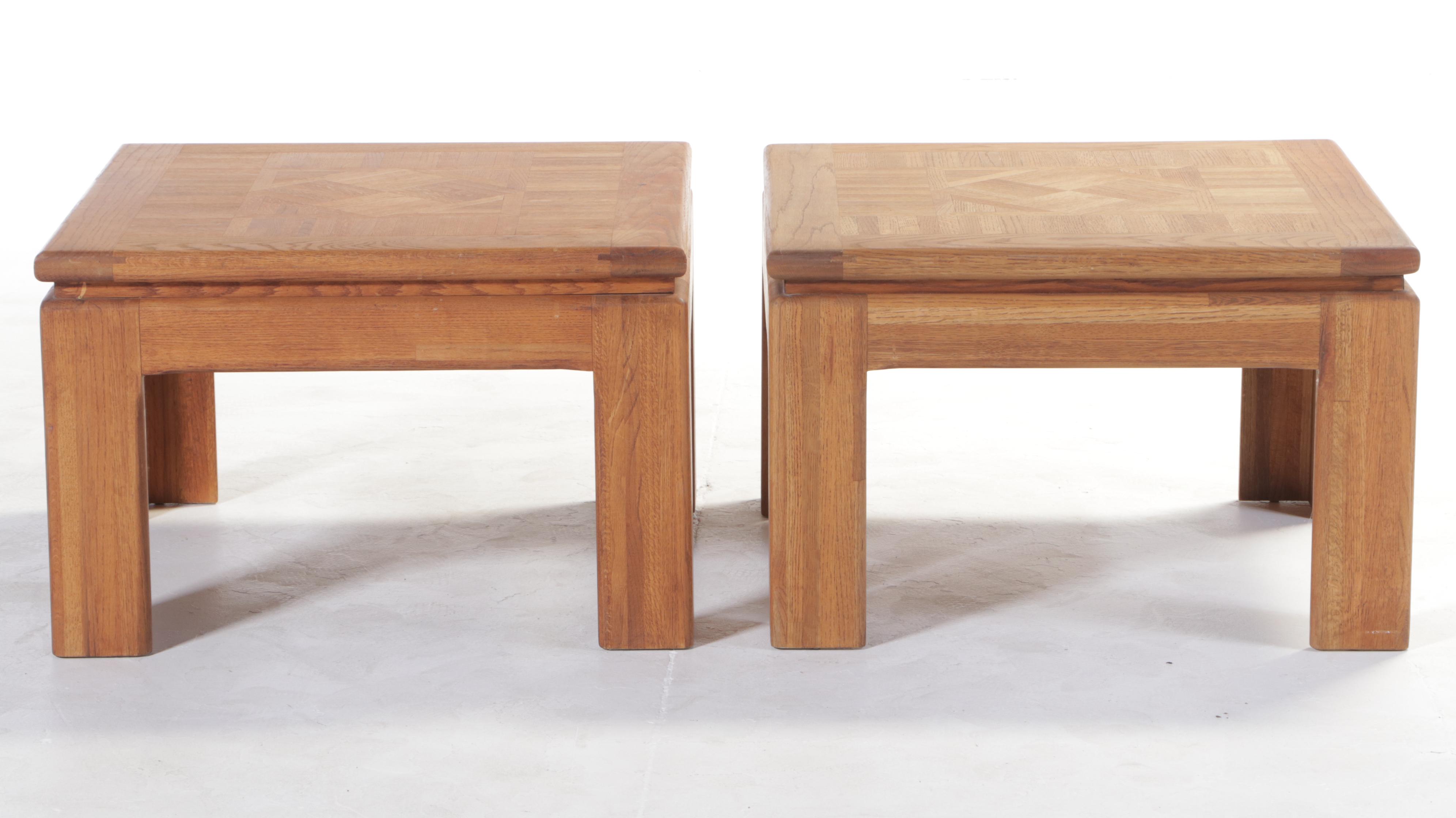 Pair of Modernist Oak and Parquetry Side Tables, Late 20th Century