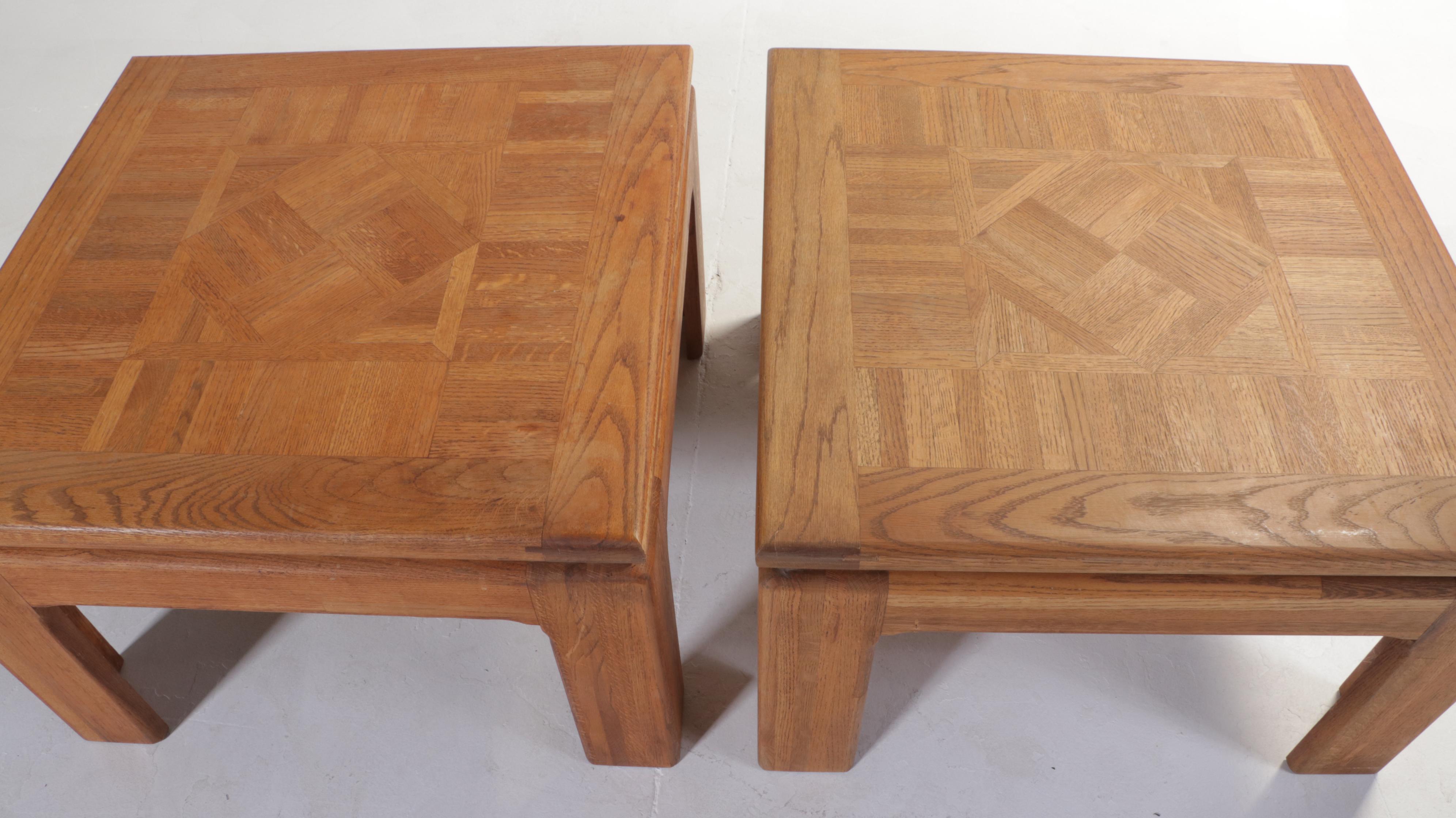 Pair of Modernist Oak and Parquetry Side Tables, Late 20th Century