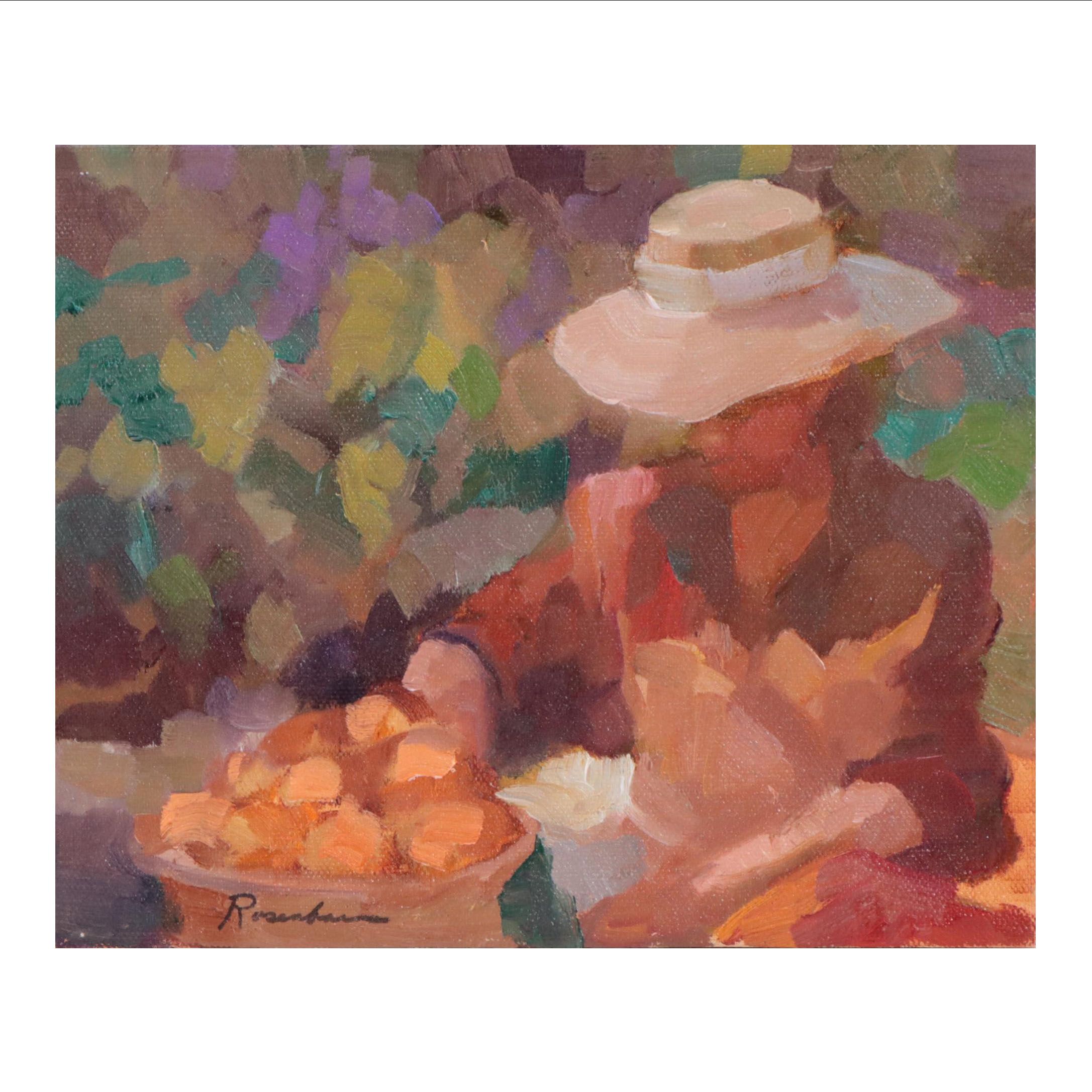 Sally Rosenbaum Oil Painting of Seated Figure with Fruit, 21st Century
