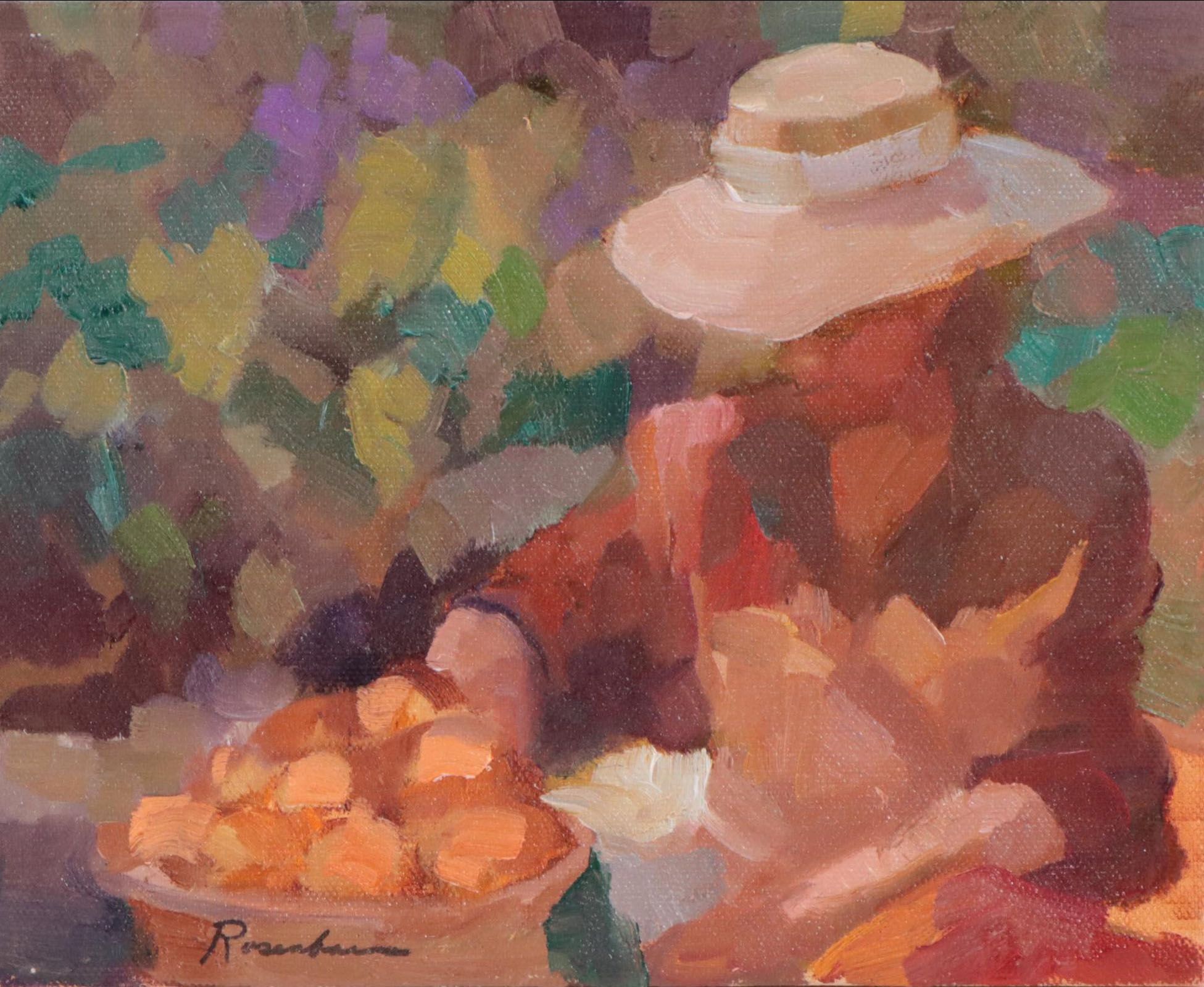 Sally Rosenbaum Oil Painting of Seated Figure with Fruit, 21st Century