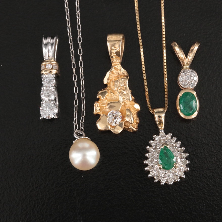 14K and 10K Emerald, Pearl and Diamond Pendants and Necklaces