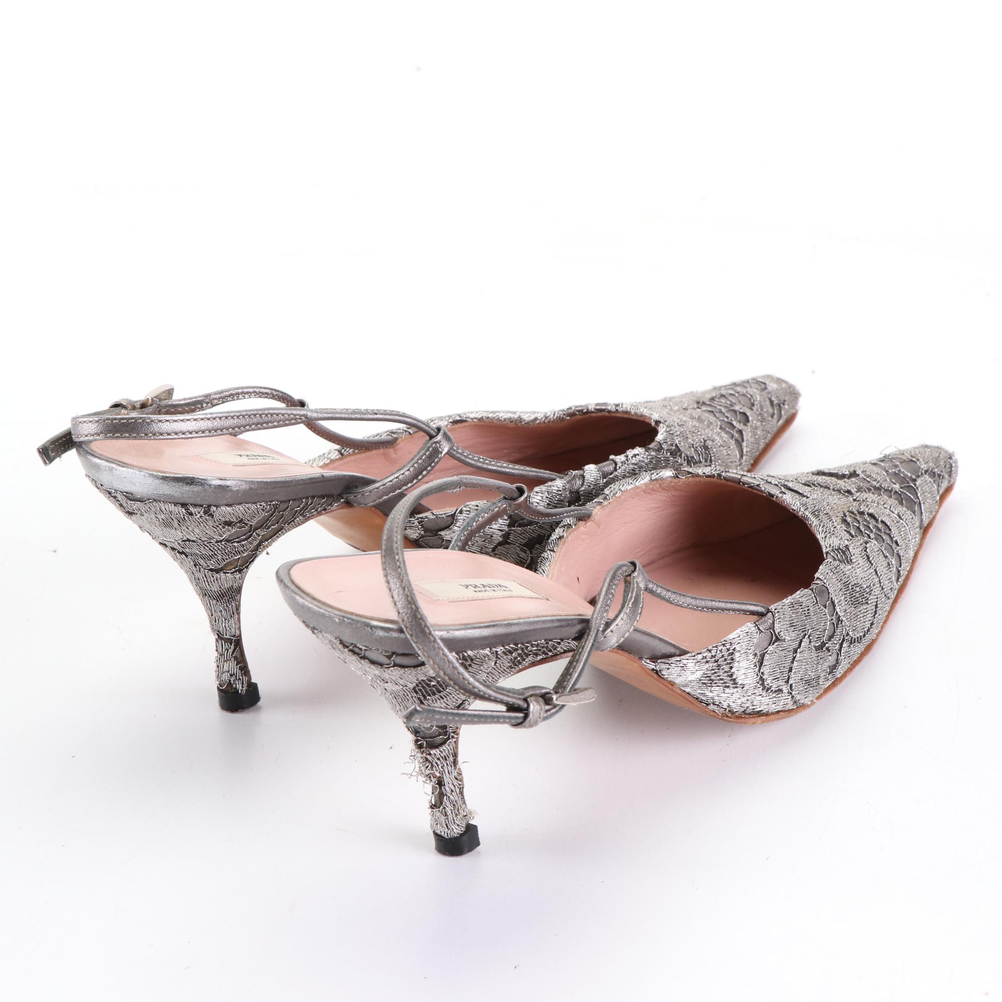Prada Pointed Toe Slingbacks in Argento Silver Lace