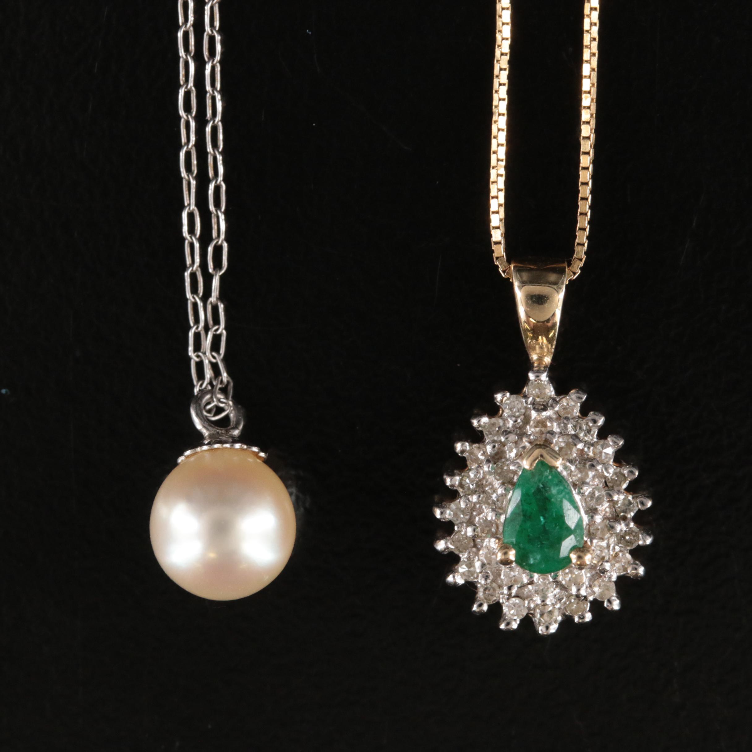 14K and 10K Emerald, Pearl and Diamond Pendants and Necklaces