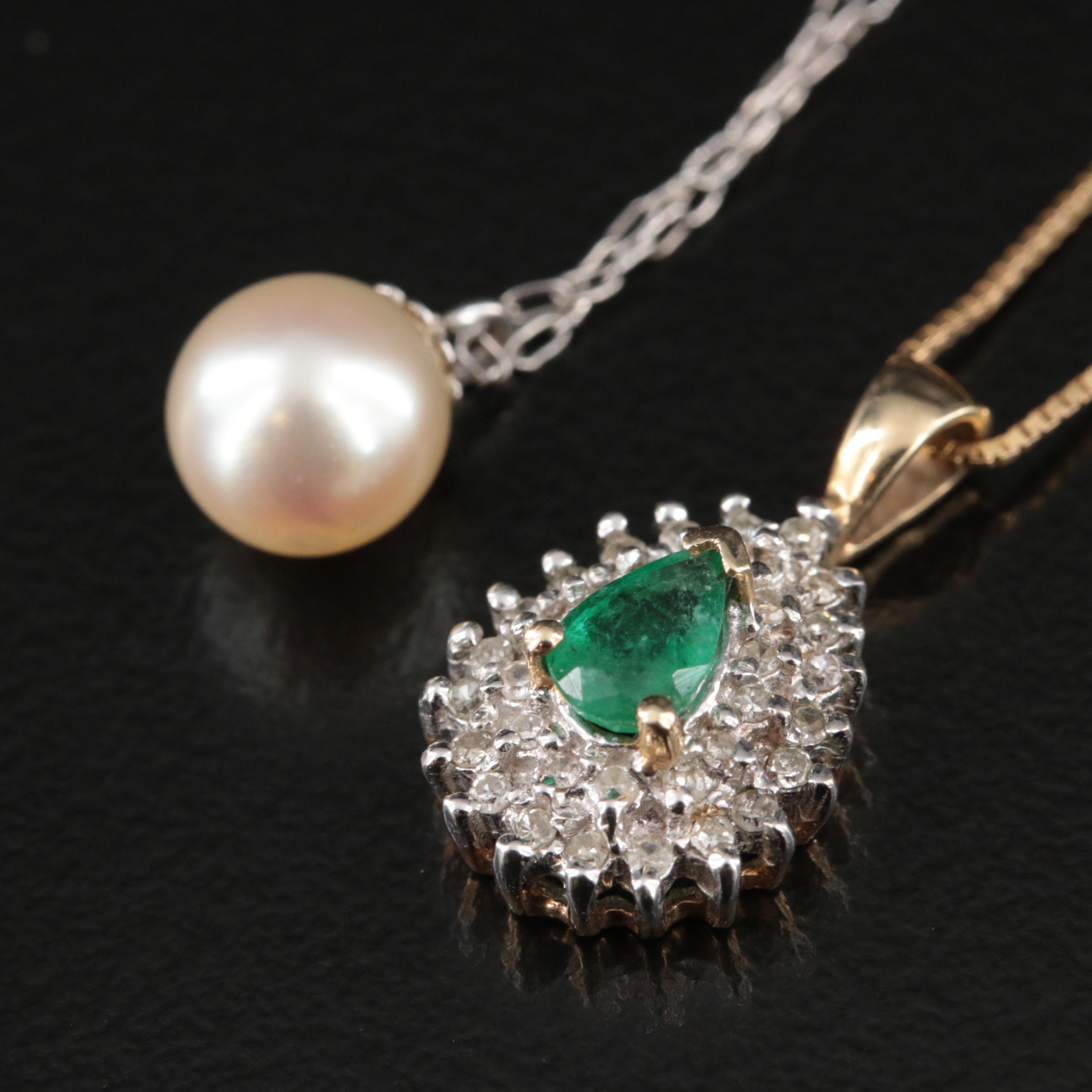 14K and 10K Emerald, Pearl and Diamond Pendants and Necklaces