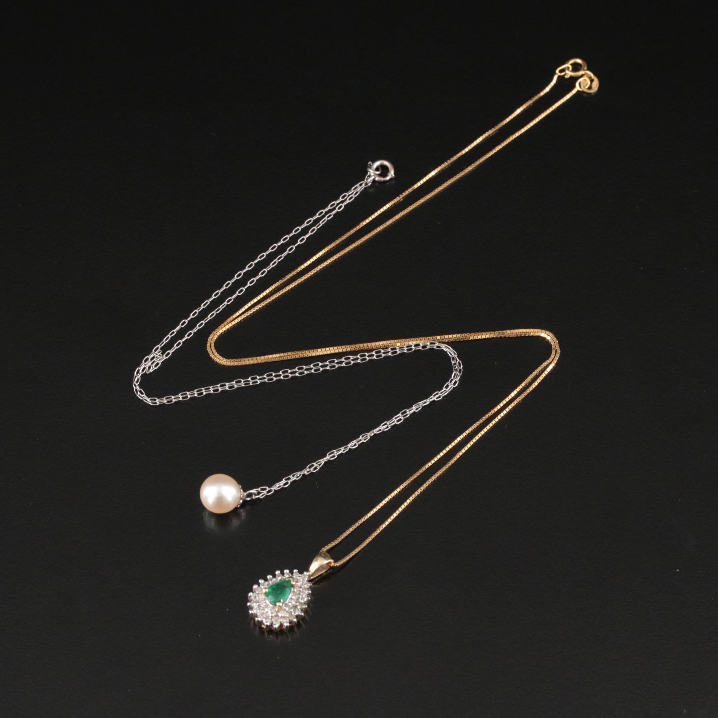 14K and 10K Emerald, Pearl and Diamond Pendants and Necklaces