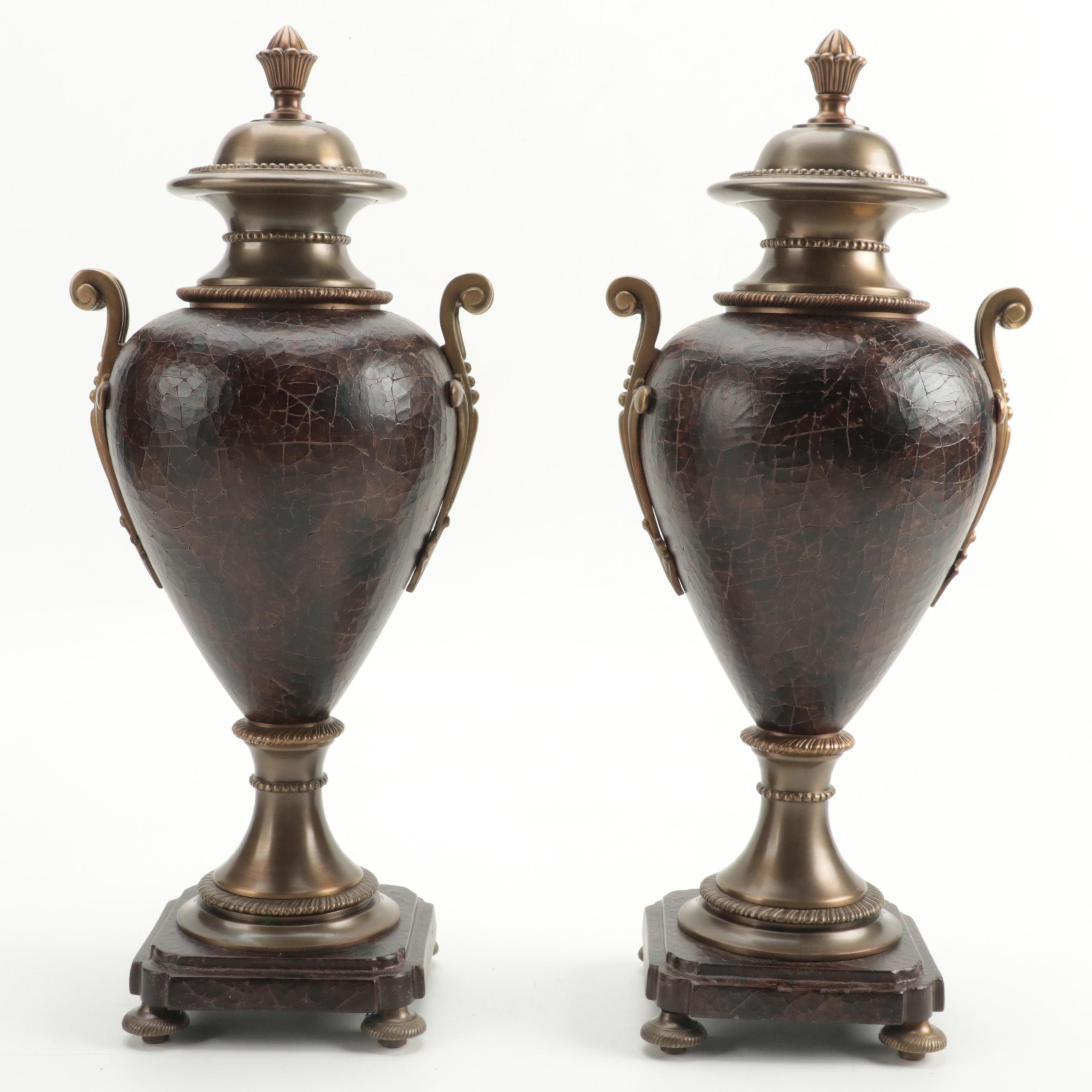 Pair of Crackle Finish and Brass Decorative Urns