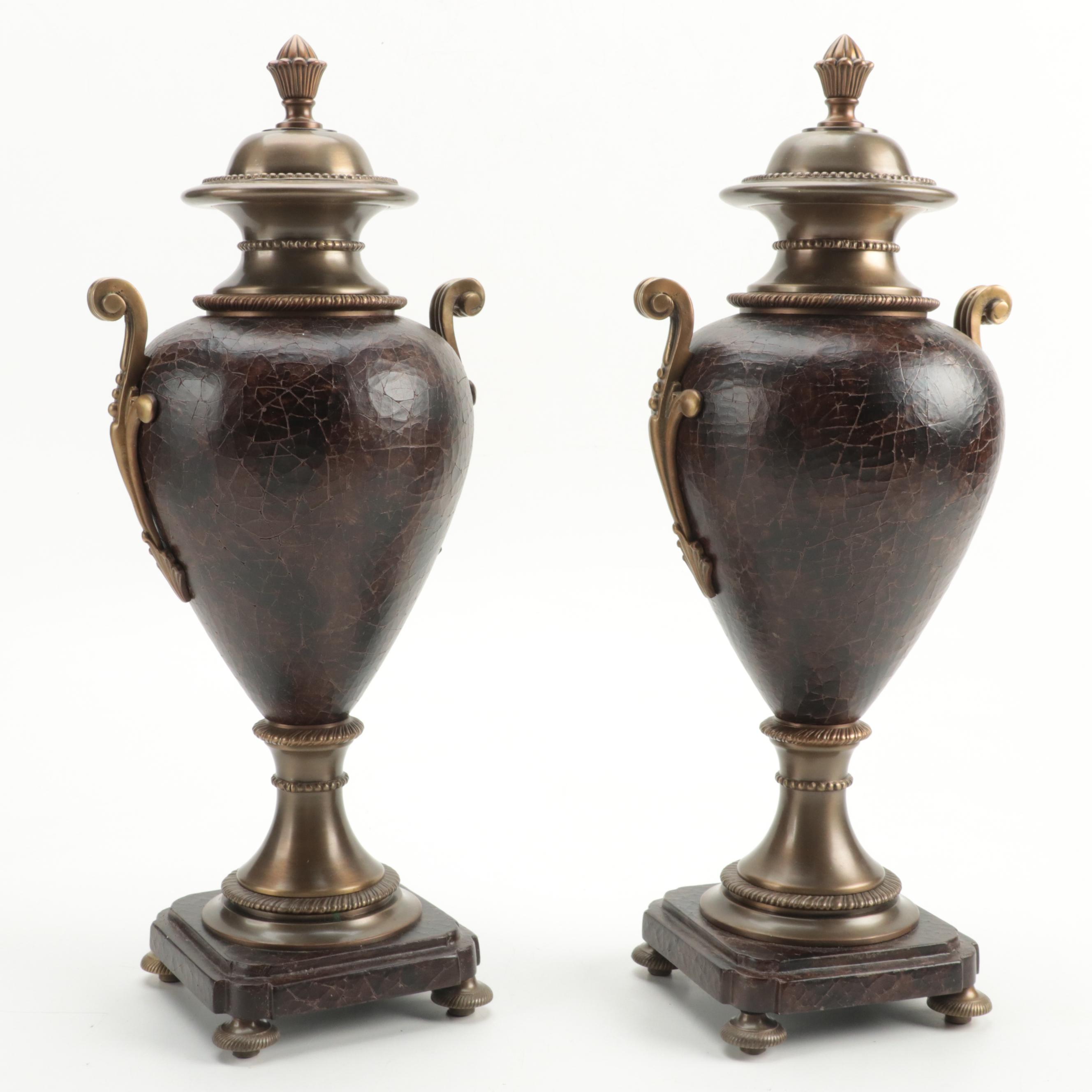 Pair of Crackle Finish and Brass Decorative Urns