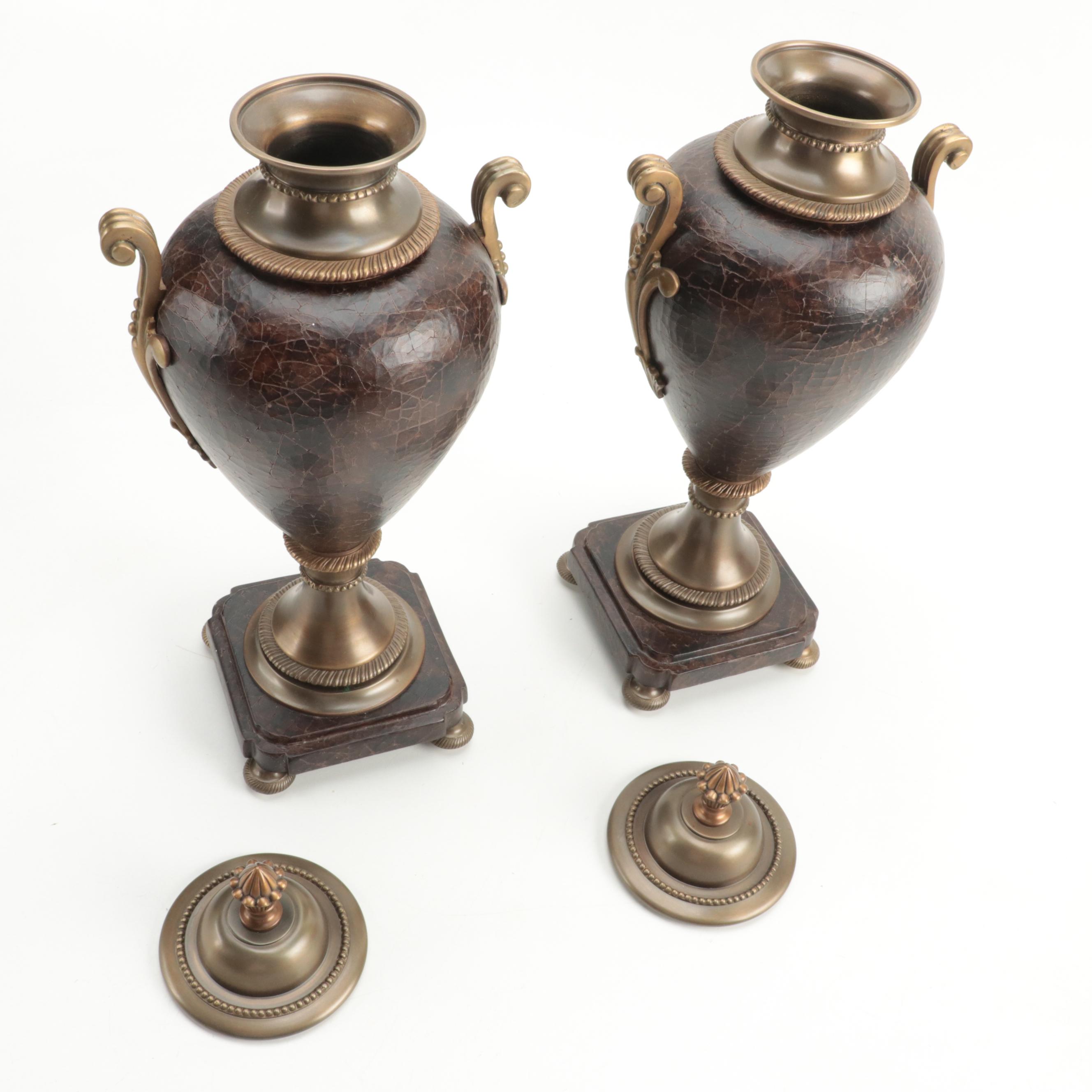 Pair of Crackle Finish and Brass Decorative Urns